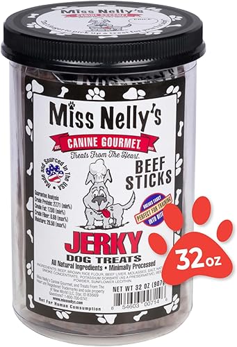Miss Nelly's- All Natural Beef Jerky Dog Treats Made in USA - Receta original de ahumado, palitos blandos mínimamente procesados, golosinas de