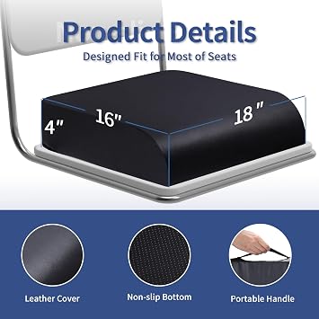 YOUFI Large Seat Cushion, 4 Inch Thick Memory Foam PU Leather Cushion for Sciatica, Hip, Low Back Pain Relief, Supportive Butt Pillow for Office Chair, Wheelchair