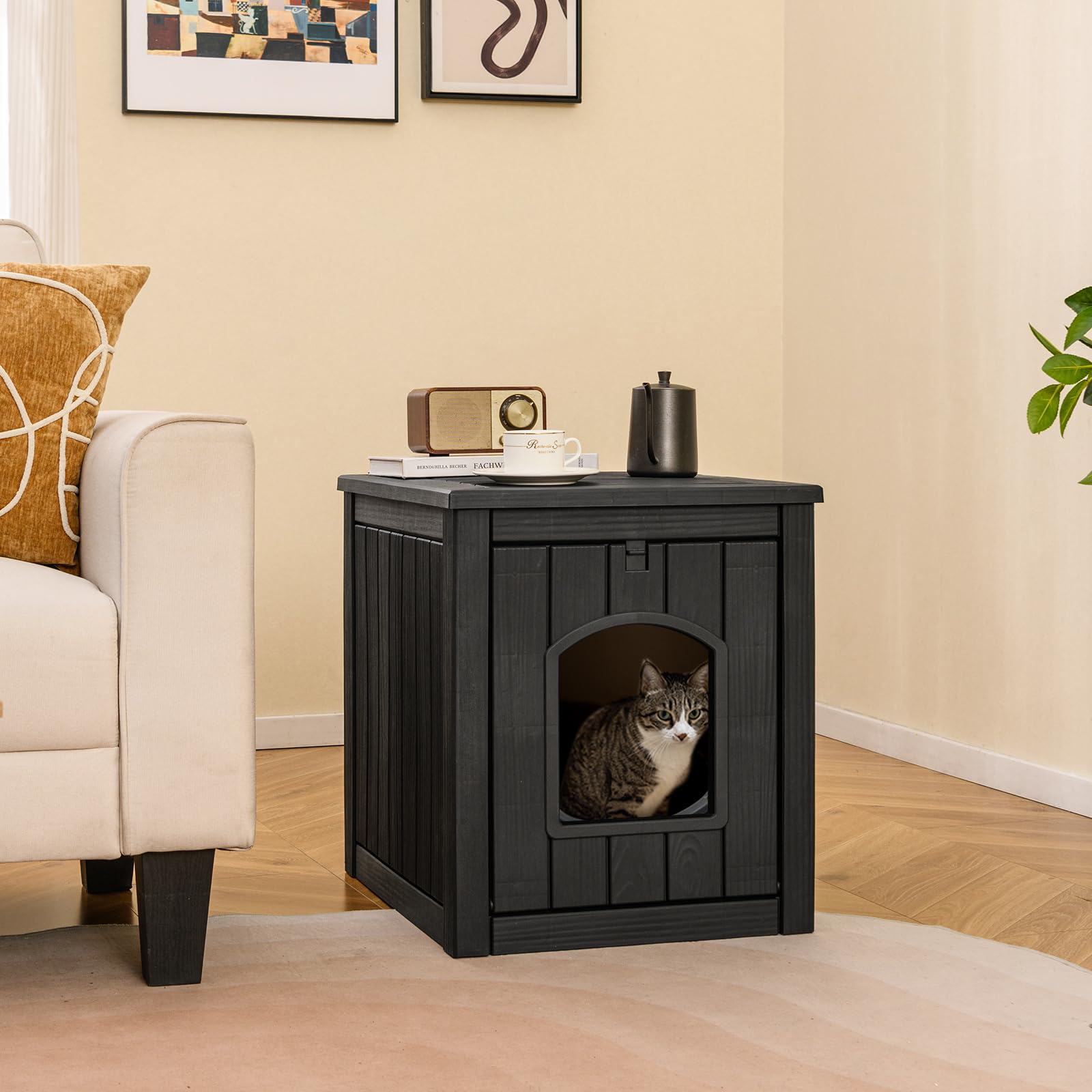 GOPLUS Meuble Litiere Chat avec Porte Rabattable, 47 x 60 x 54,5 CM, Cache Litiere Chat Exterieur en PP Résistant aux Intempérie avec Verrou de Sécurité, Plateau Stable, Chambre, Salon, Moderne (Noir)
