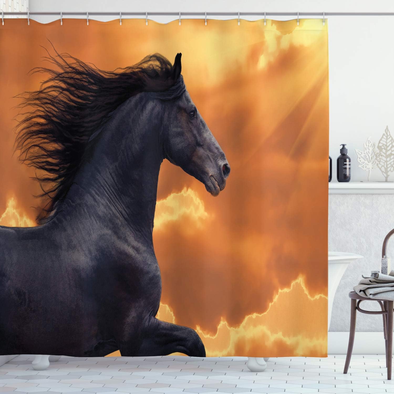Ambesonne Horses Shower Curtain, Portrait of Galloping Friesian Horse with Hot Sun Rays Intensity Honor Grace Theme, Cloth Fabric Bathroom Decor Set with Hooks, 69" W x 75" L, Black Orange
