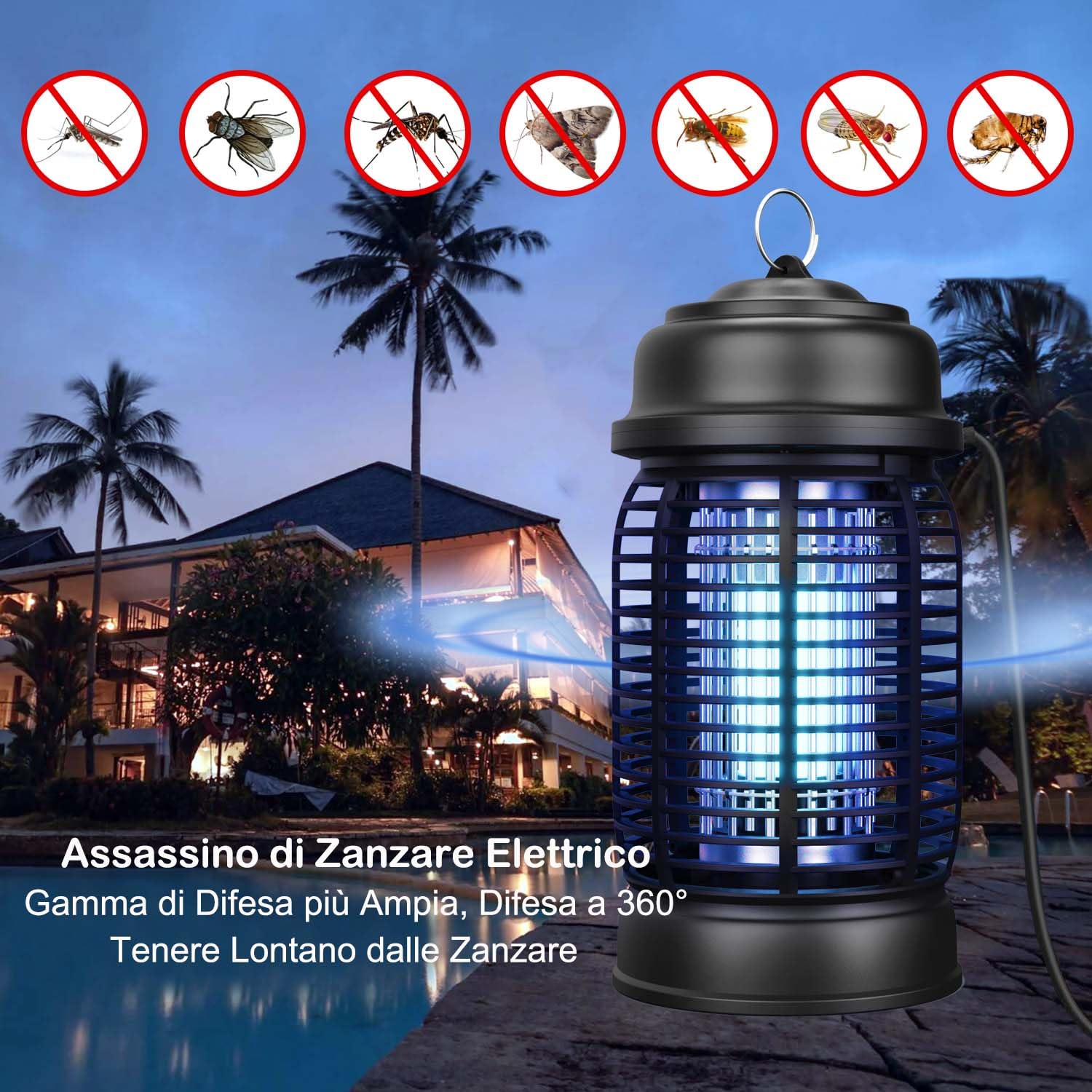 Lampada Antizanzare Elettrica, 20W 3000V UV Zanzariera Elettrica Impermeabile Insetticida Zanzare con Design a Gancio per Giardino Interno Esterno Camera da Letto Cucina Soggiorno
