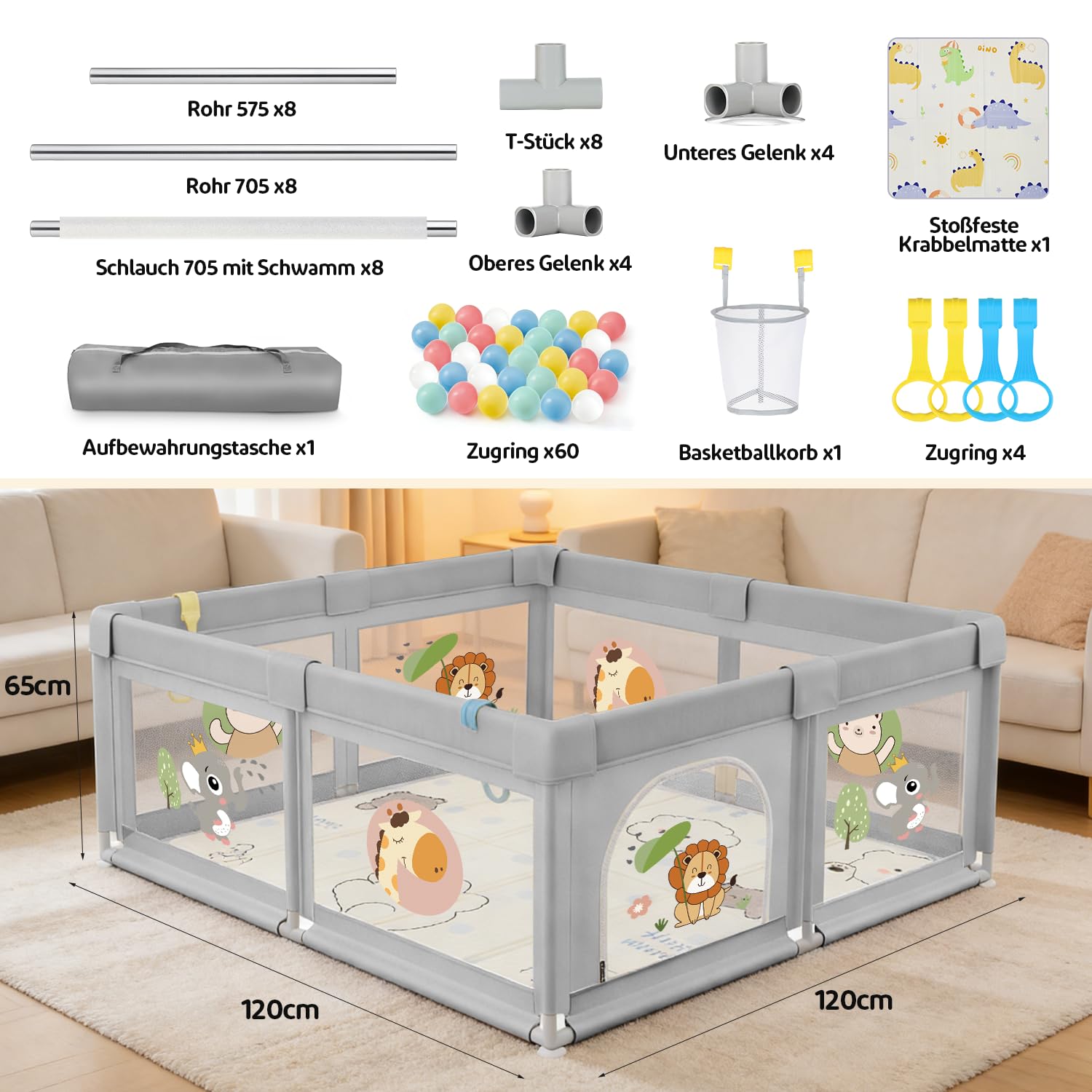 Box Bambini 120x120 con Tappeto, Box per Bambini 360° Rete Traspirante, Tessuto Oxford, Base antiscivolo, Porta con Cerniera, Sicurezza Antiscivolo Robusta Centro Attività, Leone Grigio