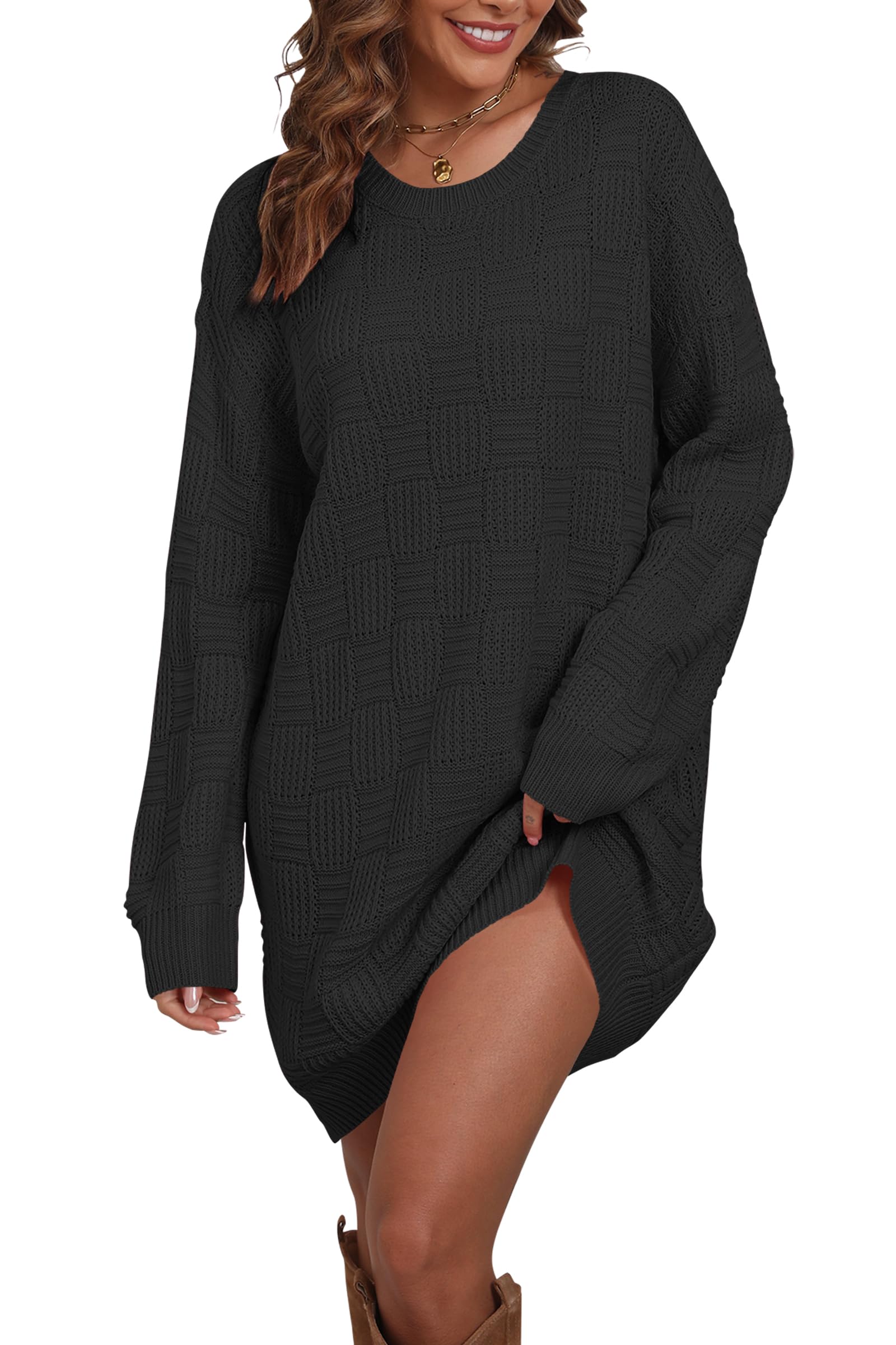 Cakulo Womens Checkered Sweater Dress Oversized Fall Winter Fashion Long Pullover Sweaters Casual Loose Knit Dresses 2025