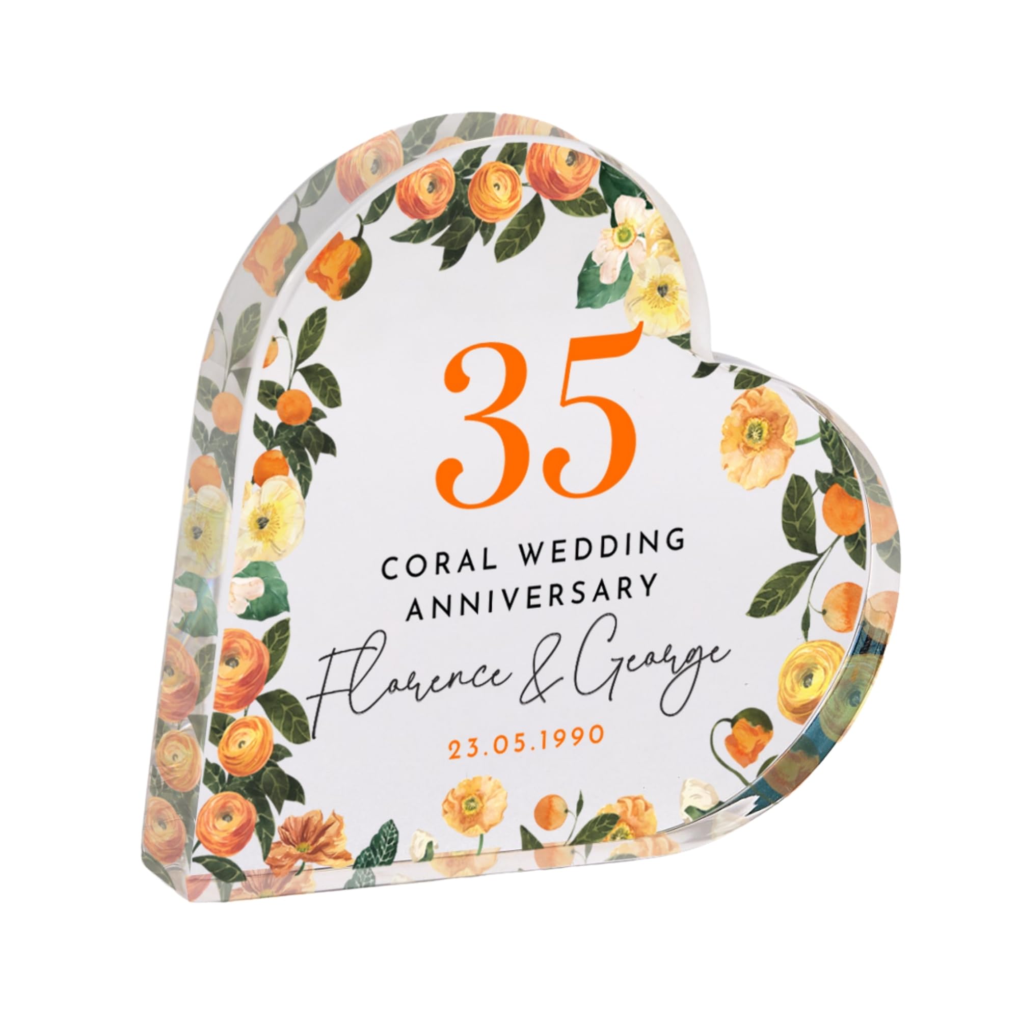 Pomchick - Personalised 35th Wedding Anniversary Coral Anniversary Present Heart-Shaped Acrylic Plaque Custom Keepsake with Names & Date Floral