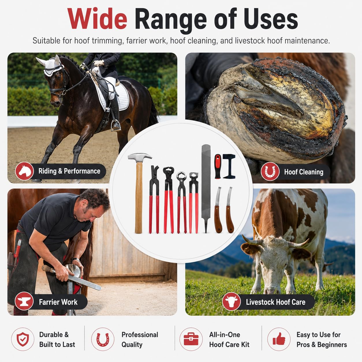 Kit de 9 Piezas de Herramientas de herrador con Bolsa de Mano | Incluye corta-cascos para caballos, alicates cortadores de herraduras, etc., para caballos, ganado vacuno, ovino y burros