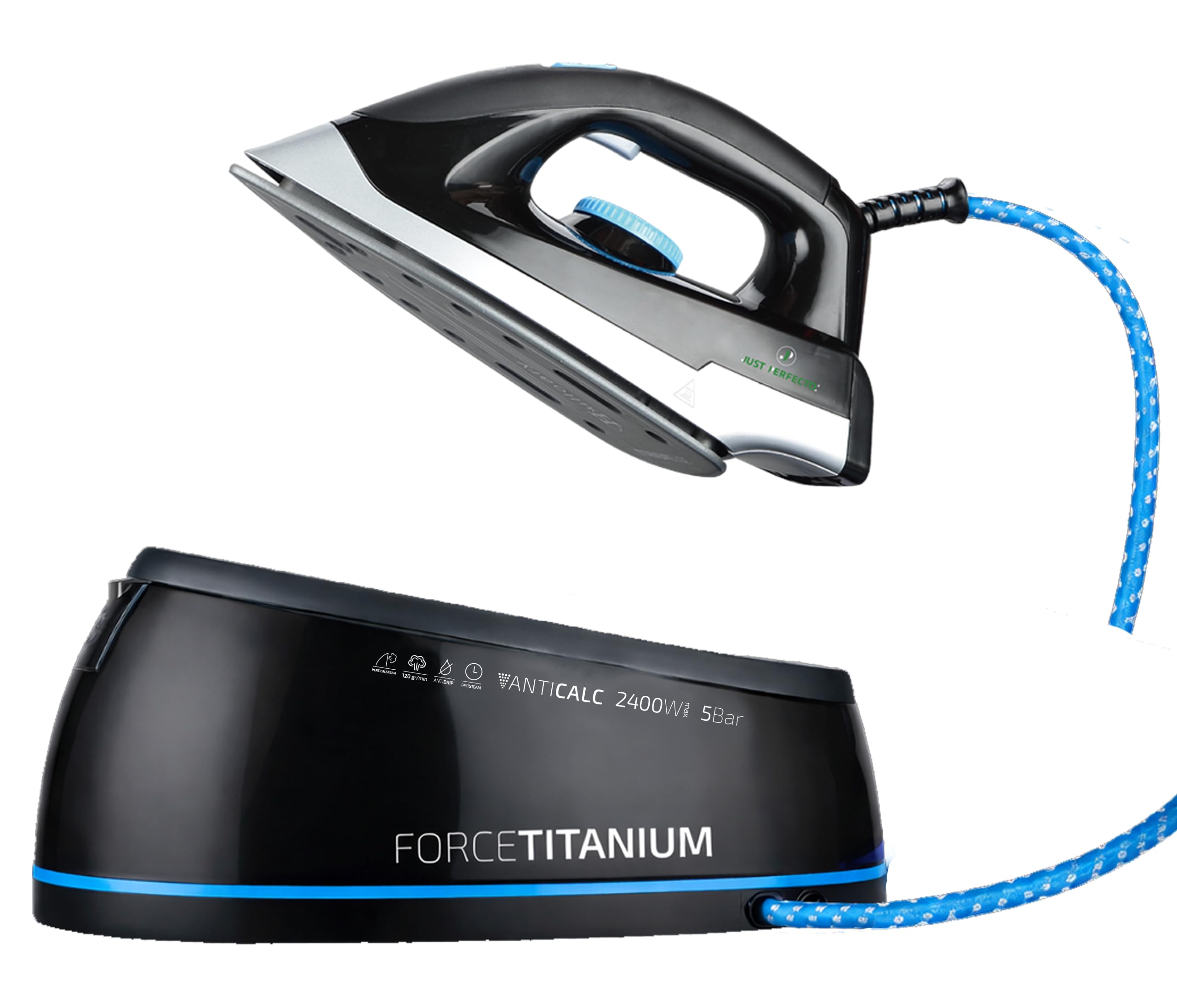 Just Perfecto Ferro da Stiro a Caldaia 2400 W Vapore Blu Nero | vapore continuo, piastra scorrevole, grande autonomia, stiratura verticale, tutti i tessuti, impugnatura ergonomica