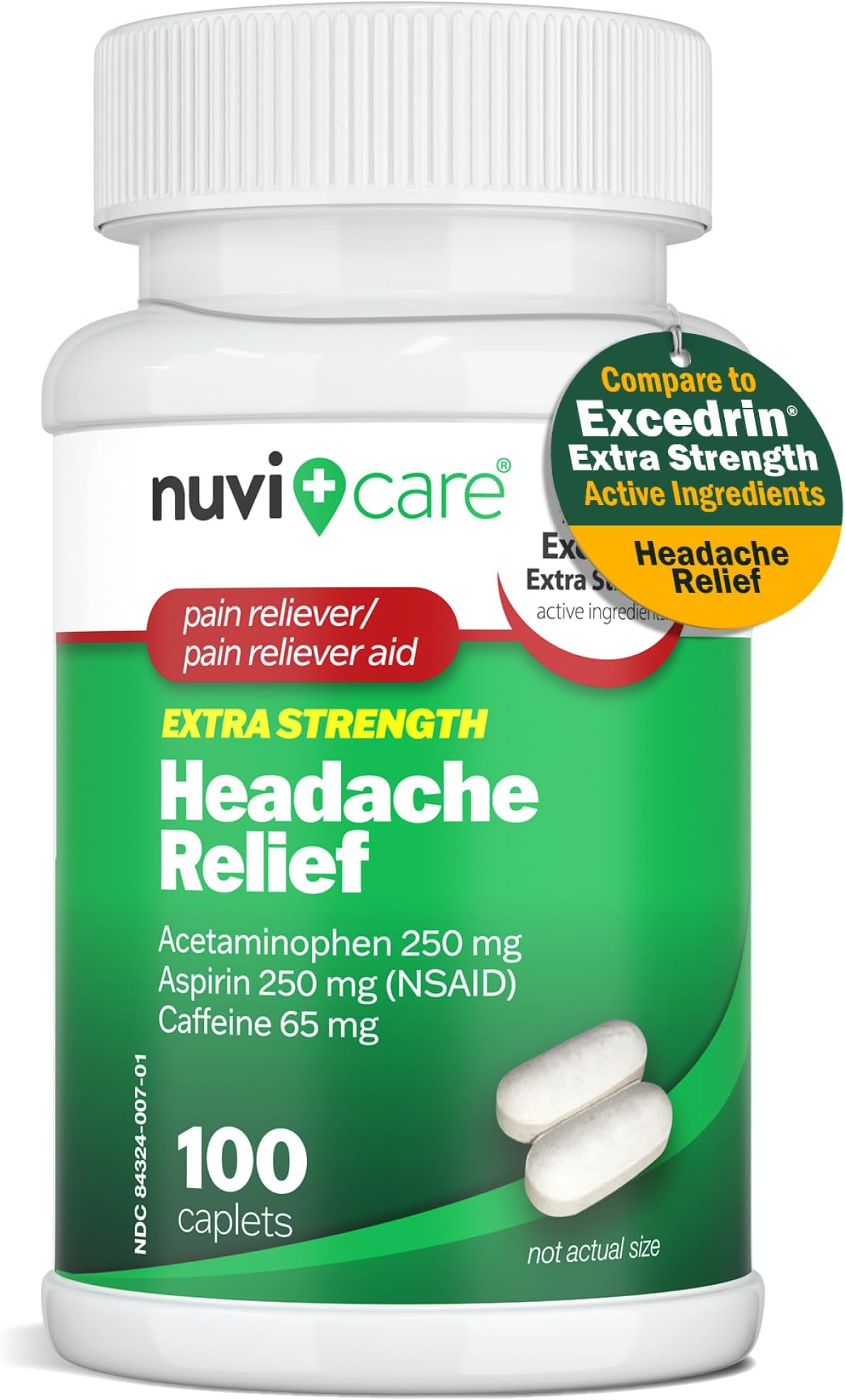 NUVICARE Headache Relief with Acetaminophen 250 mg, Aspirin (NSAID) 250 mg, Caffeine 65 mg - Temporary Relief of Minor Aches & Pains - Compare to Excedrin Extra Strength Pain Reliever (100 Caplets)