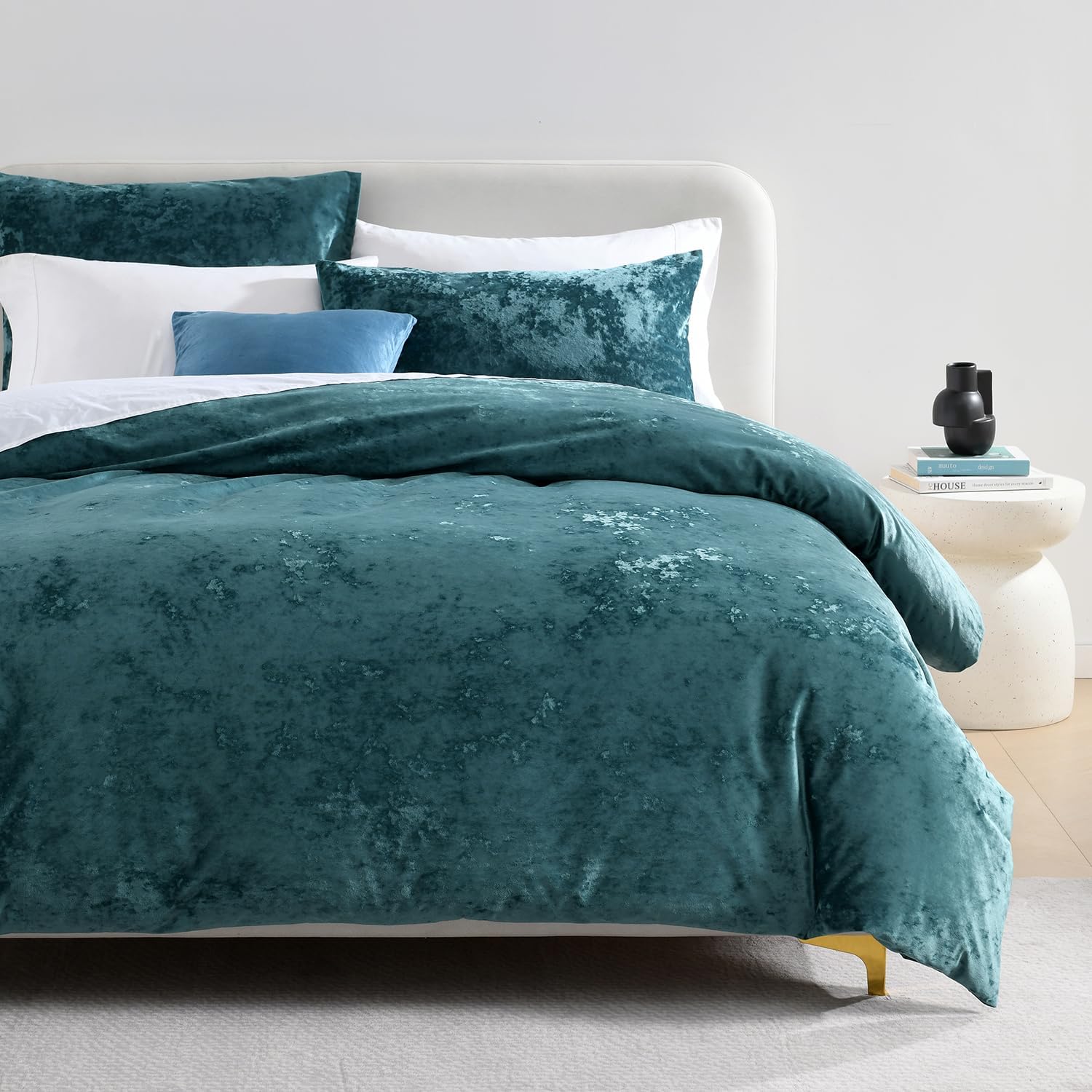 HORIMOTE HOMELuxury Crushed Velvet Duvet Cover Set 3 Piece Double Size Green Quilt Covers Bedding Set Button Closure with 2 Pillowcases
