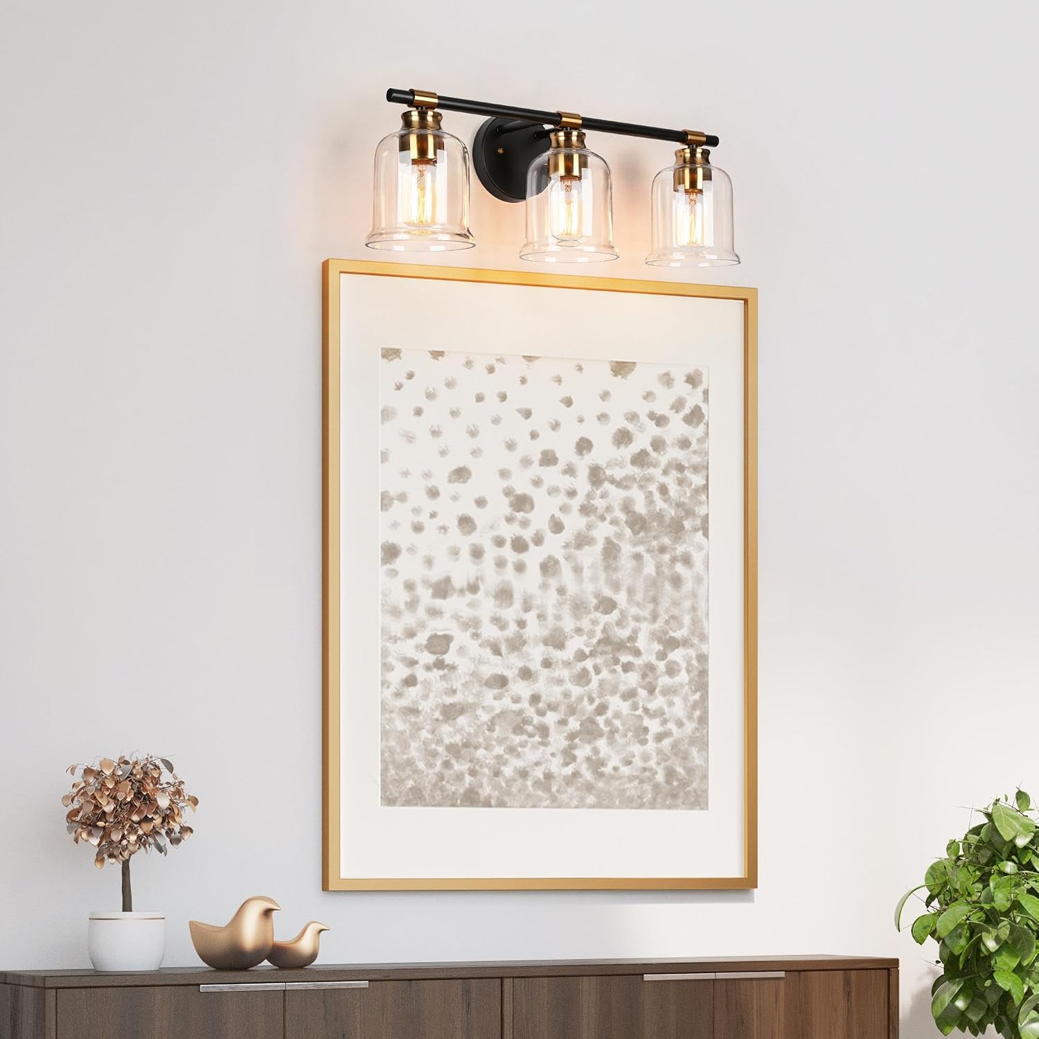 Bathroom Light Fixtures, 3-Light Black & Gold Bathroom Vanity Light, Modern Bathroom Wall Lights with Clear Bell Glass Shade, Bathroom Wall Lamp for Mirror Hallway Cabinet