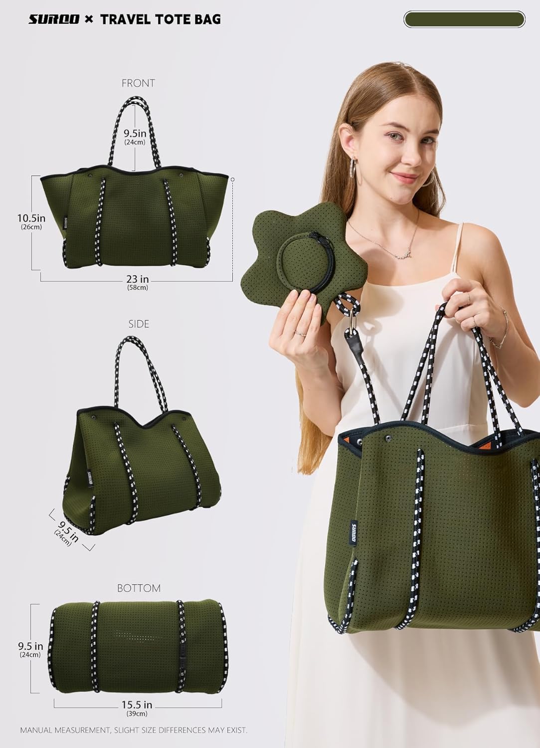 Neoprene Tote Bag for Women, Large Travel Beach Bag with Detachable Pouch, Stylish Lightweight Everyday Carryall - Image 3