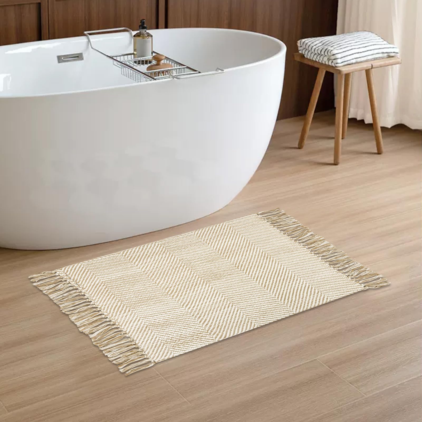 USTIDE Rustic Cotton Woven Twill Weave Braided Small Area Rug Washable Hallway Entryway Runner Modern Fringe Indoor Rug, 60x90cm - Image 3