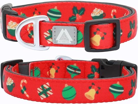 Christmas Dog Collar, Cute Holiday Red Color for Girls and Boys, Reflective, Soft Padded Neoprene, Fully Adjustable, Durable & Lightweight Medium Dog Collar, Christmas, M