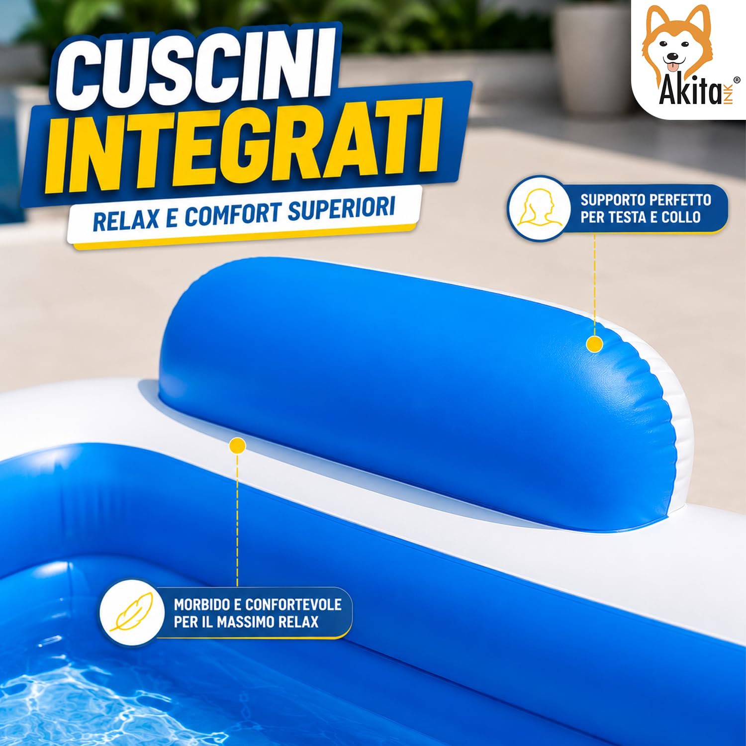 Akitaink Piscina Gonfiabile Rettangolare 200x150x50 cm con Cuscini e Fondo Gonfiabile in PVC Azzurro/Bianco per Bambini dai 3 Anni in Su