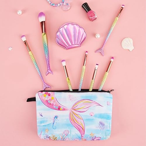 Miniatura 4 de Juego de brochas de maquillaje de sirena, 12 brochas de maquillaje para niños, kit de brochas de maquillaje con bolsa de cosméticos espejo para