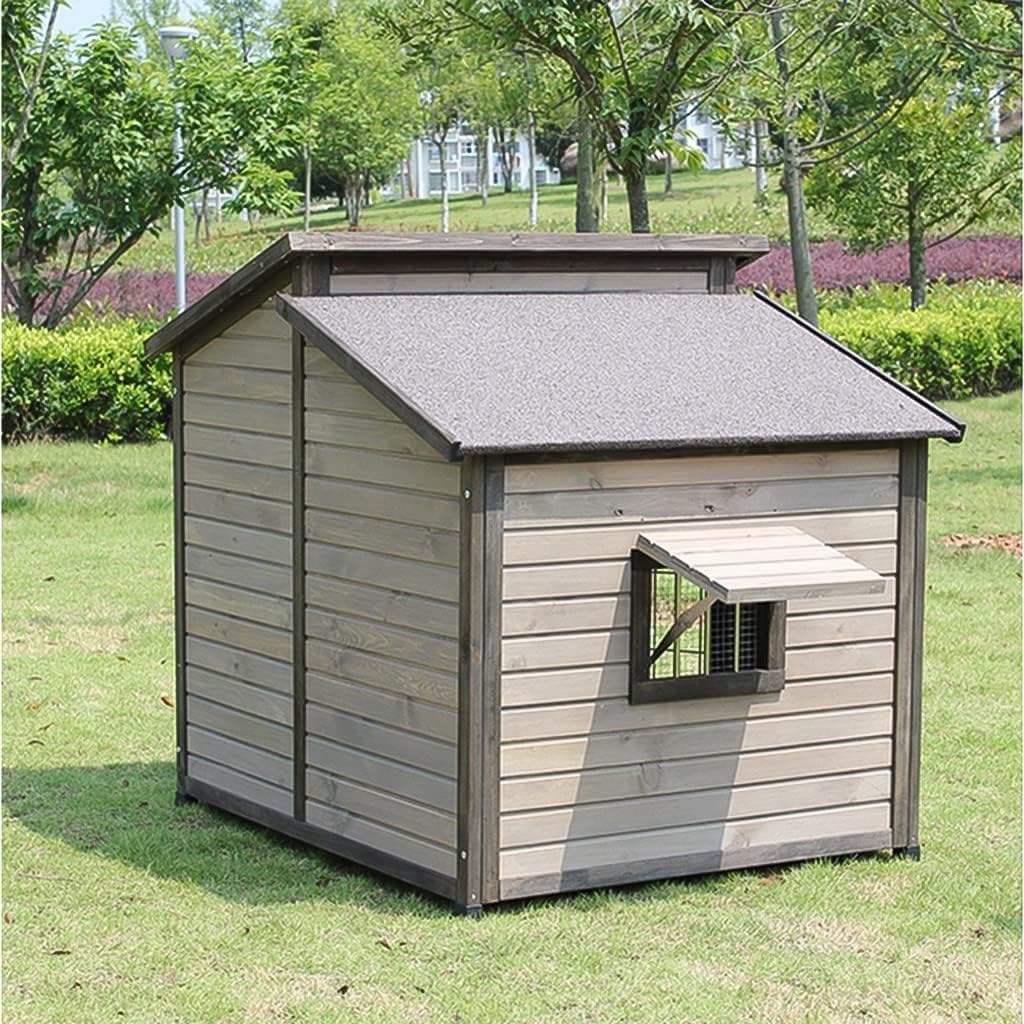 Outdoor Dog House, Wooden Raised Pet Kennel with Asphalt Roof, Front Door, Side Window, Porch for Medium/Large Dogs(Size:3X-Large)