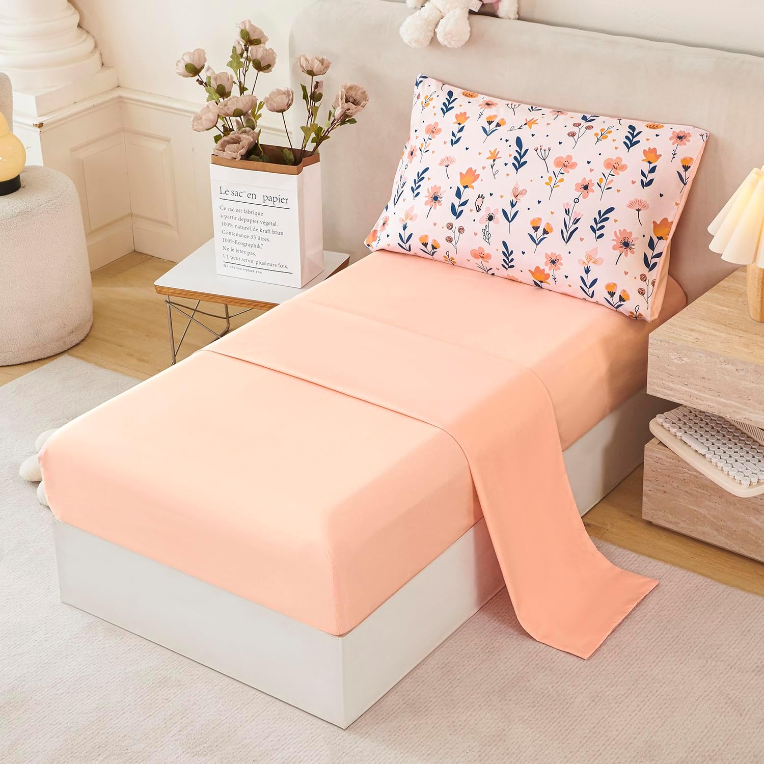 URBONUR Cute Floral Toddler Bedding Set for Girls, 4 Piece Bed-in-a-Bag Toddler Microfiber Comforter Sheet Set, Botanical Flowers Printed, All Season Easy Care