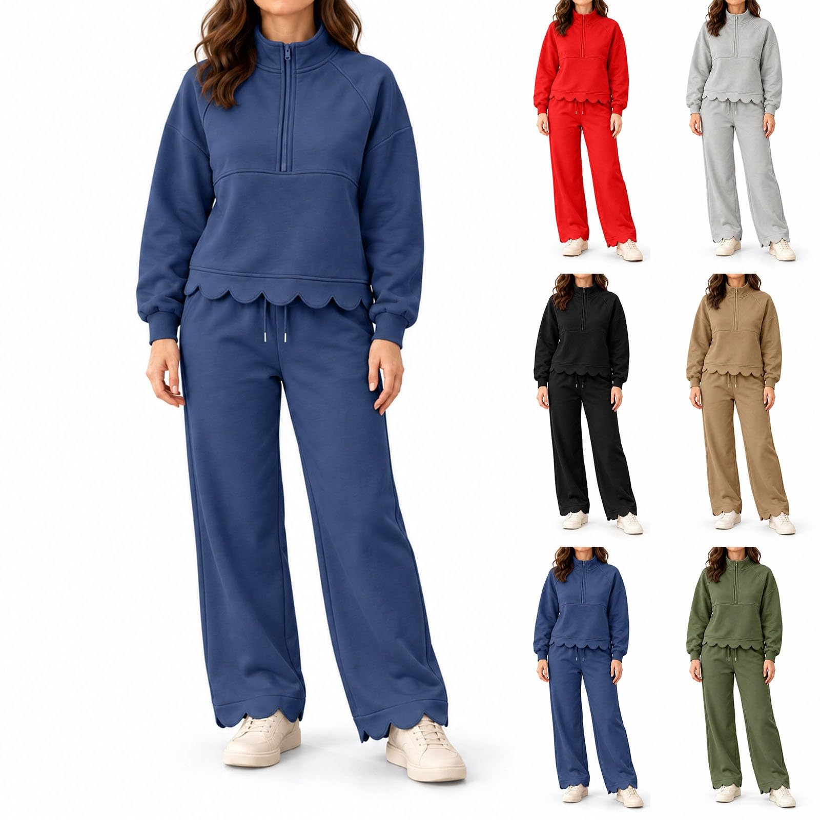 Womens Lounge Sets 2 Piece Outfits Fall Quarter Zip Scalloped Sweatshirt