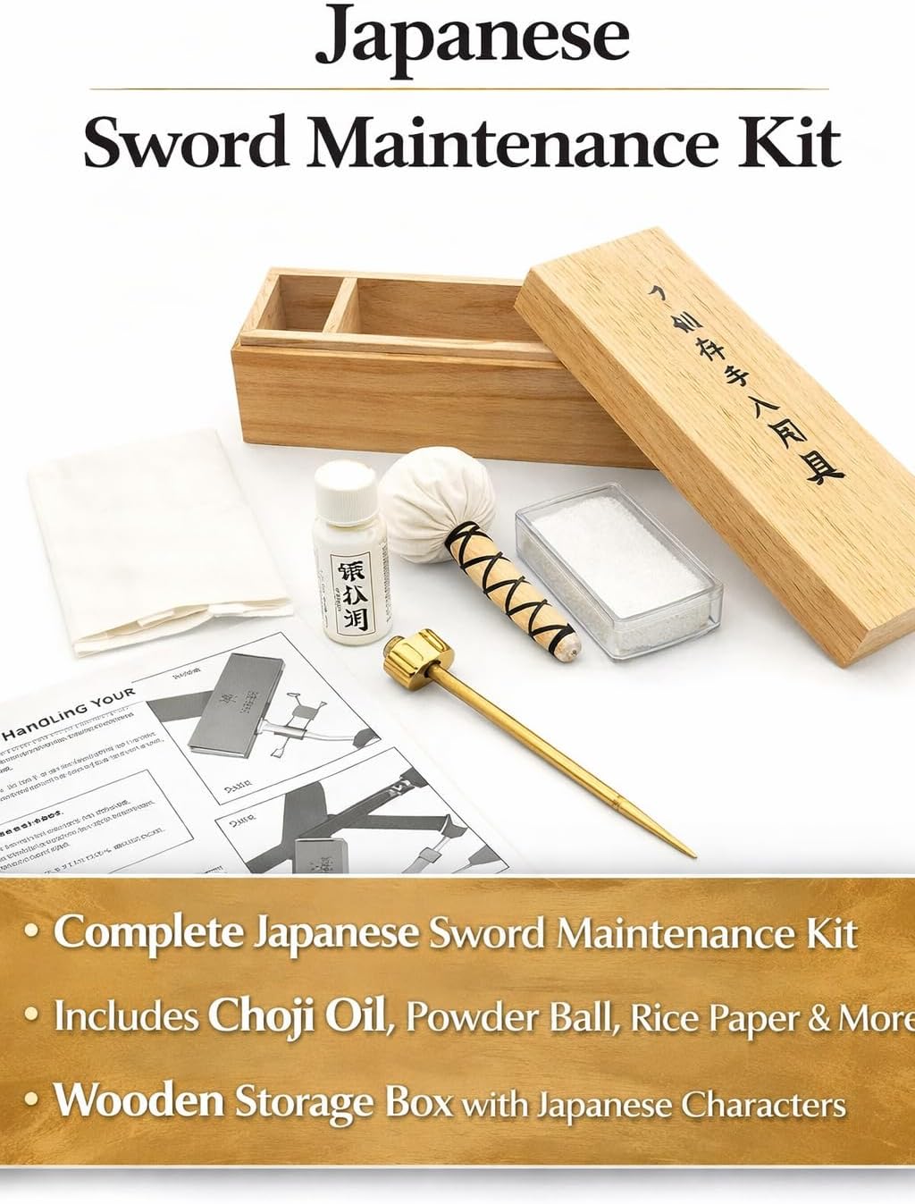 Katana Cleaning and Maintenance Kit with Choji Oil, Uchiko Ball, Rice Paper and Care Tools