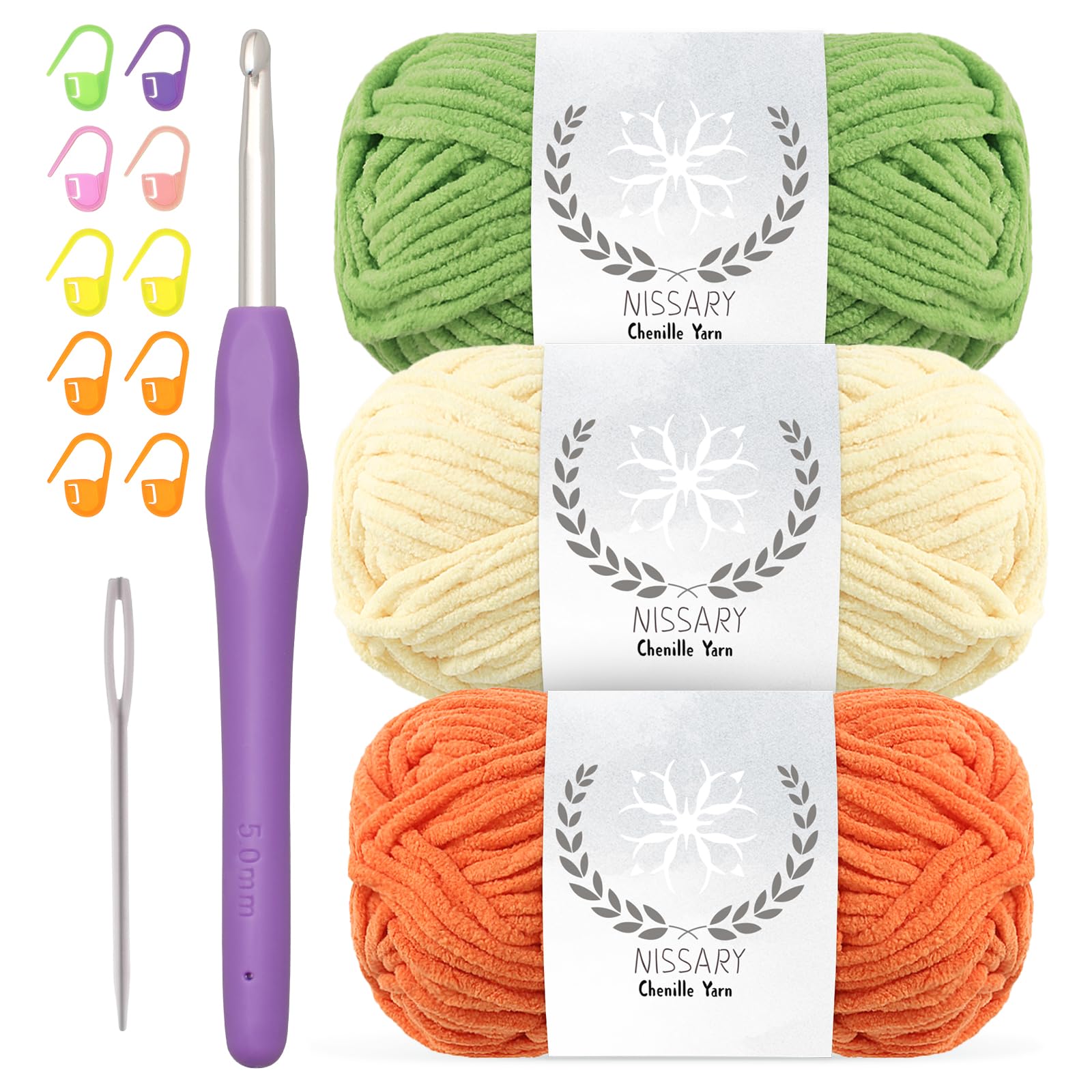 Chenille Yarn for Crochet - Soft Plush Velvet Yarn 3x50g with 5mm Hook,Thick Fluffy Wool for Crochet Blanket Making Chunky Wool -Ideal for Beginners (Green+Yellow+Orange) — image 1
