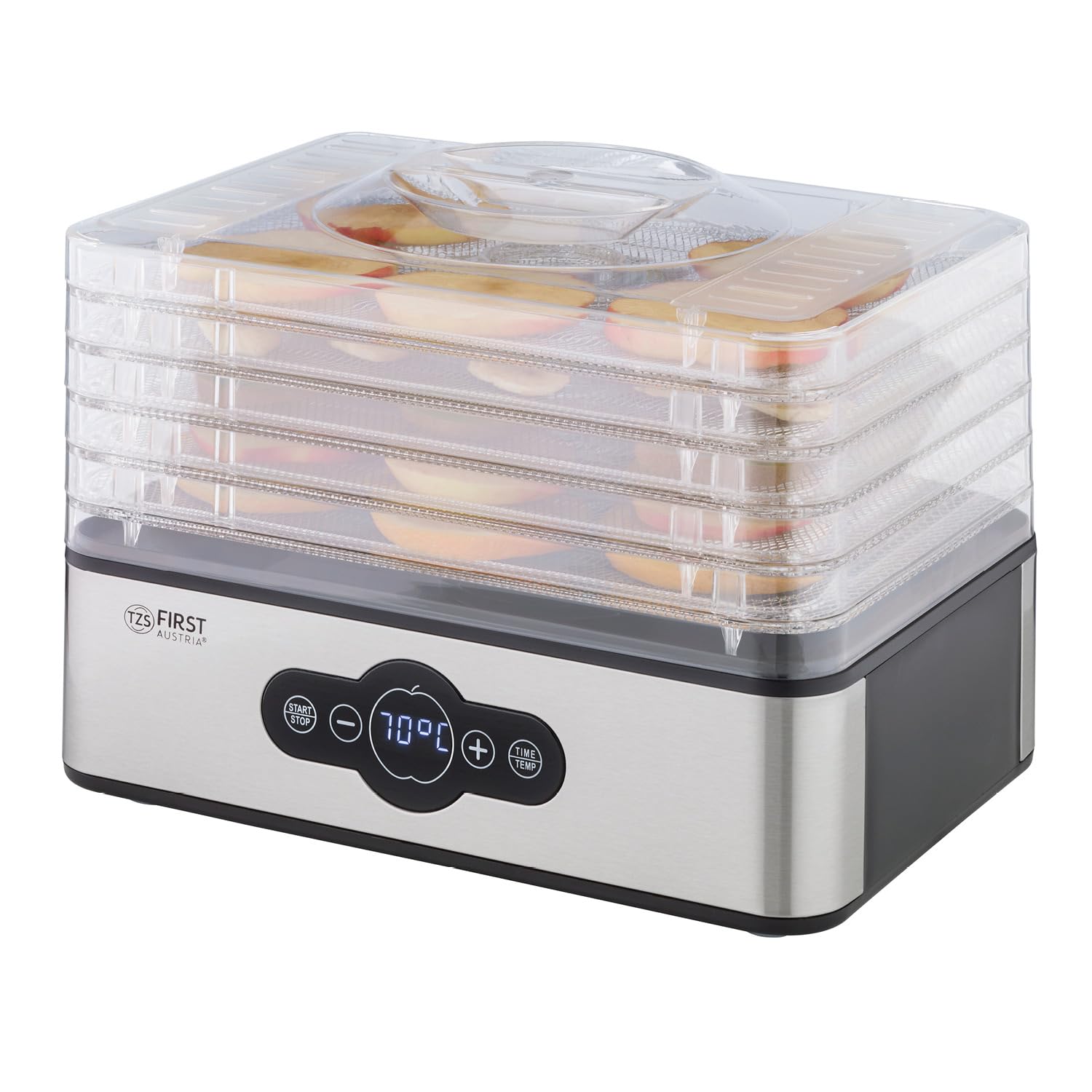 TZS First Austria Deshidratador digital para frutas, hierbas, setas y carne, 5 niveles acero inoxidable, temporizador y regulador temperatura 35-70°C