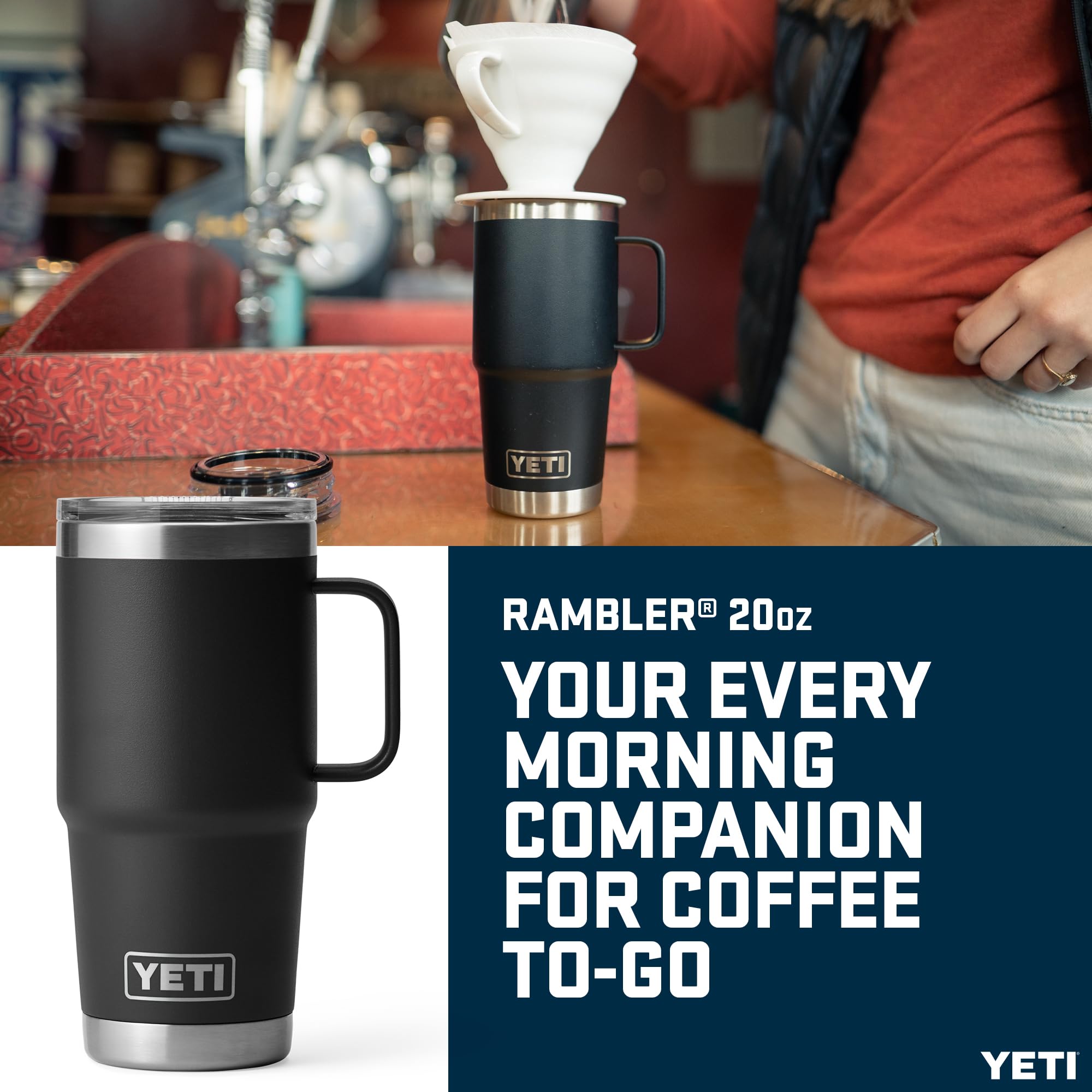 YETI Rambler Travel Mug, Stainless Steel Vacuum Insulated Mug with Stronghold Lid, Black, 20 oz (591 ml)