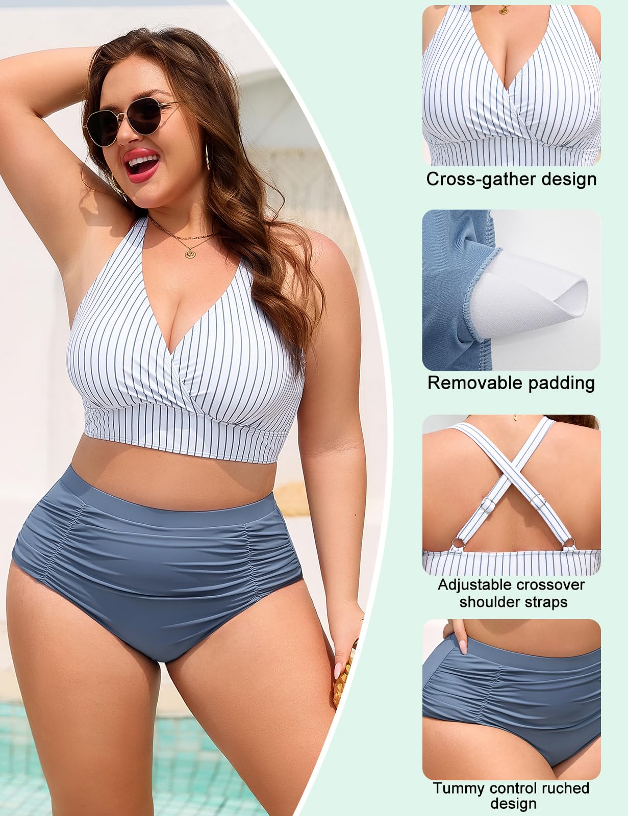 Maillot de Bain Femme 2 Pieces Grande Taille Gainant Bikini Taille Haute Ventre Plat Maillots Deux Pièces Col en V Vacances Plage Beachwear