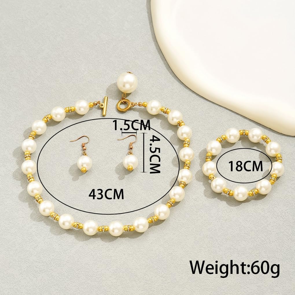 GIGB PBDK Chunky Large Pearl Necklace Jewelry Sets for Women Trendy Vintage Gold OT Choker Bracelet Earrings Set Toggle Buckle Beaded Necklace Wedding Accessory - Image 3