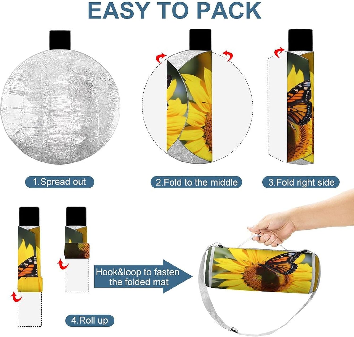 Sunflower Butterfly Round Outdoor Picnic Mat Foldable Waterproof Beach Camping Blanket Outdoor Rug with Sponge Padding