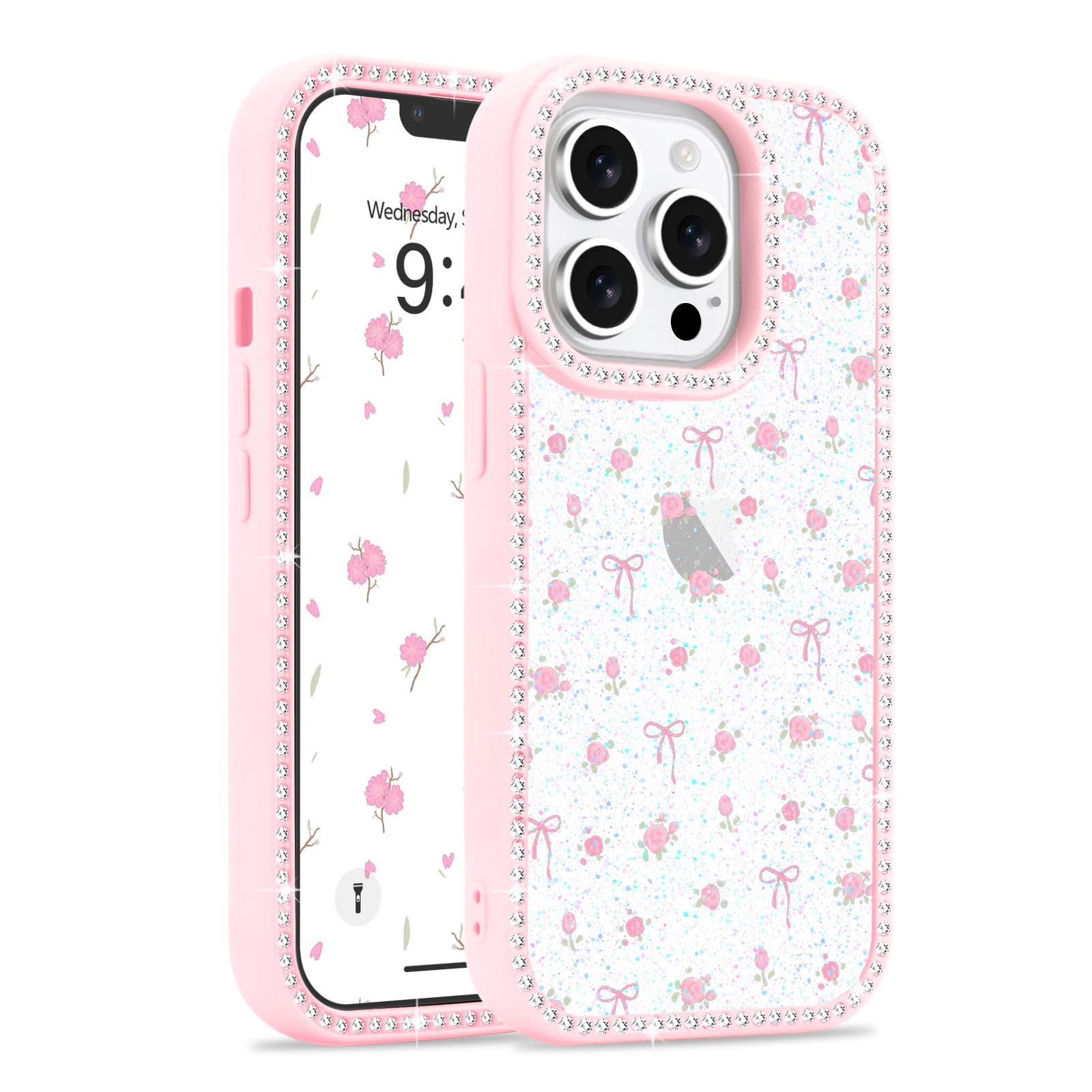 Lafunda for iPhone 13 Pro Max Case Cute, Luxury Bling Glitter with Sparkle Diamonds Clear Floral Bumper for Women Girls Anti-Scratch TPU Shockproof