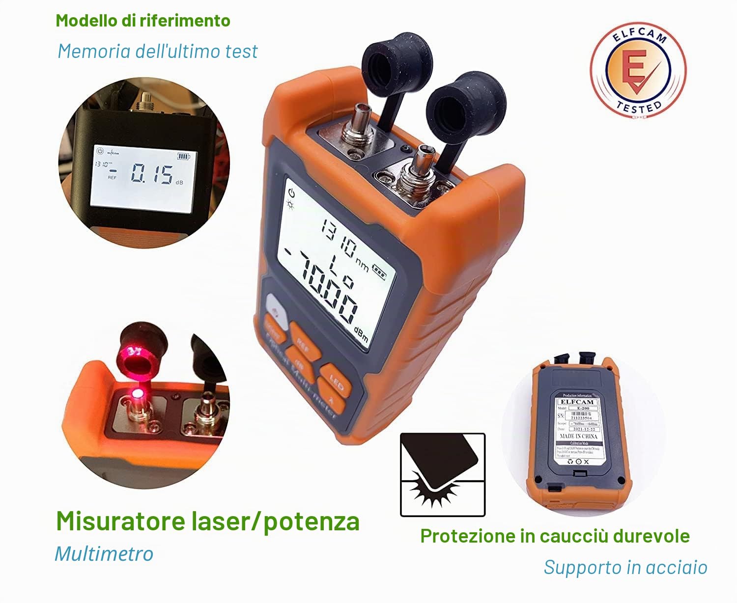 Elfcam® - E-200 Multimetro ottico portatile unico, fotometro con VFL, campo di prova: da -70 dBm a +6 dBm