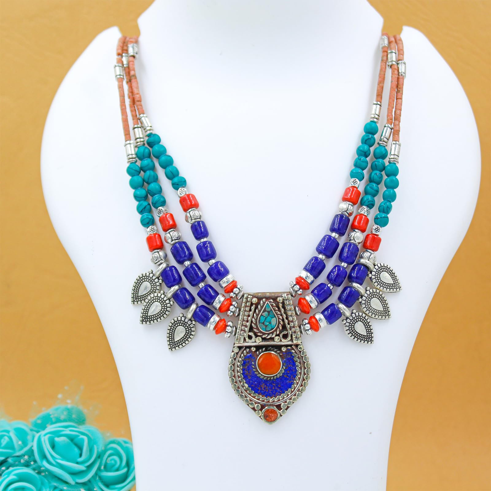 Collier Fait Main Pierre Gemme Lapis Lazuli et Turquoise, Bijoux Mode Bohème Pour Femme, Longueur 18"