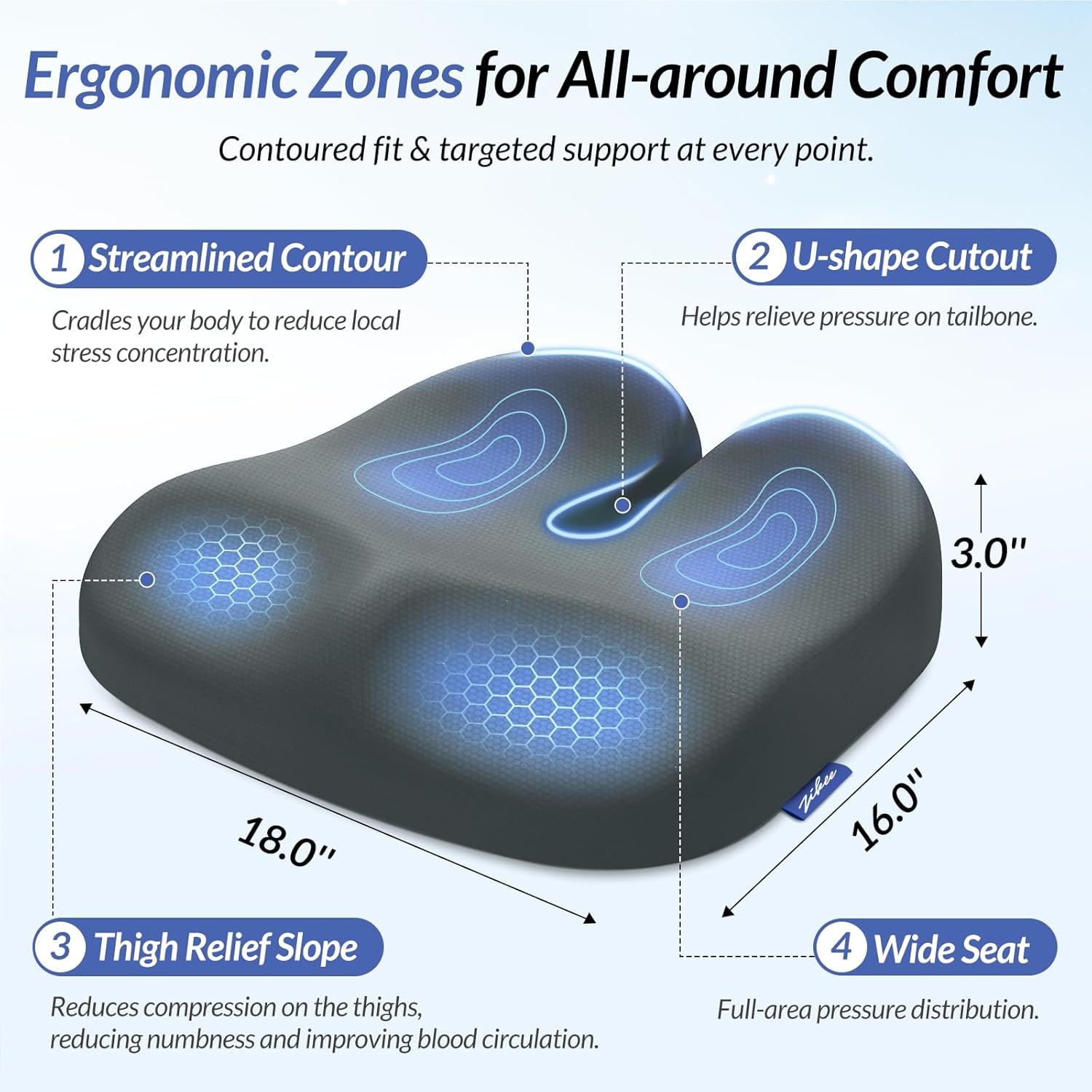 ZIKEE Ergonomic Seat Cushion with Thigh Relief Slope, Office Chair Cushion with Premium Memory Foam for Car, Home, U-Shaped Design Alleviates Hip, Tailbone Pain, Anti-Slip Sciatica Pain Relief (Gray) - Image 2