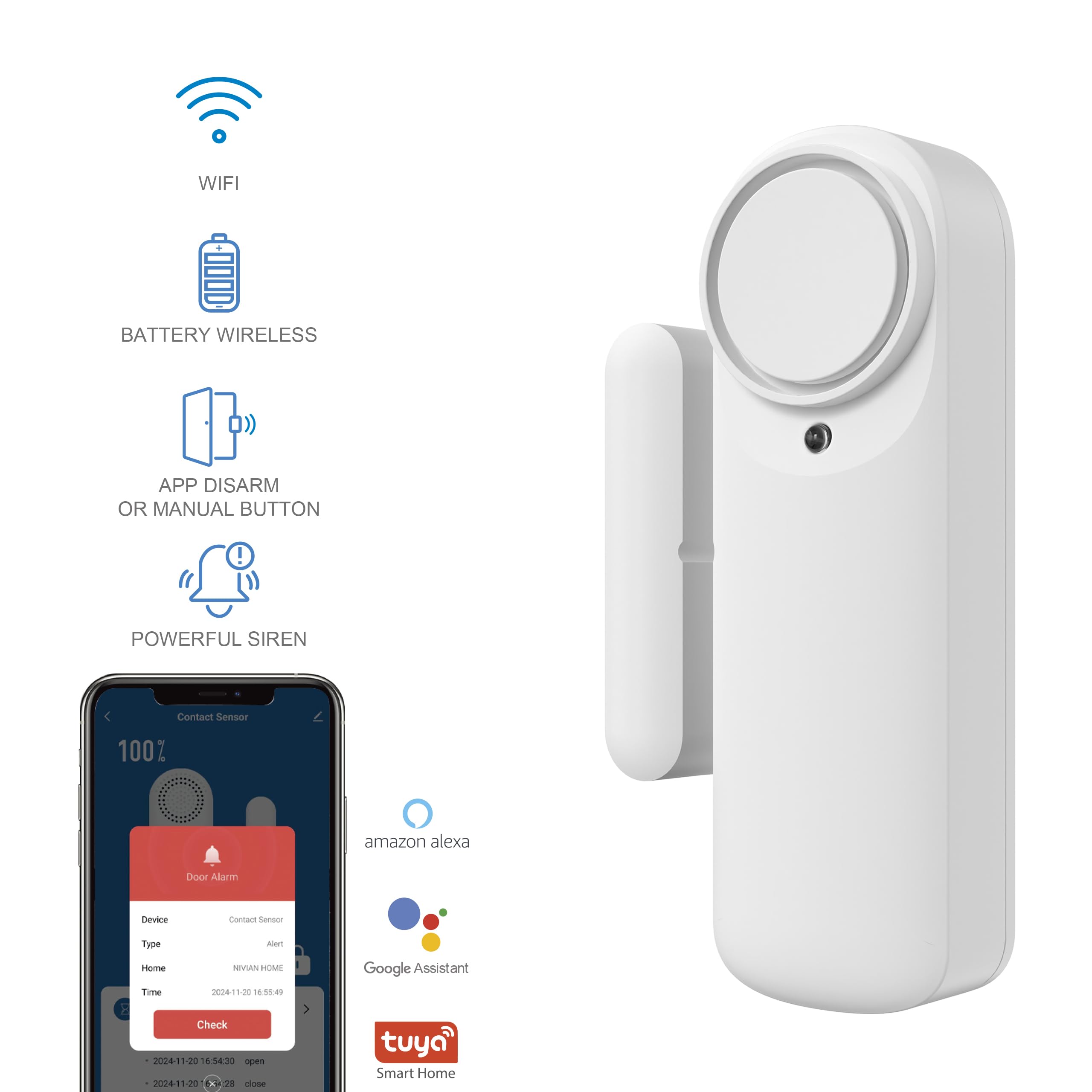 Nivian Alarma de Puerta Inteligente WiFi, Sensor Magnético para Puertas, Inalámbrico con App Móvil, Notificaciones en Tiempo Real, Botón Manual, Sirena 100dB (Pack 3)