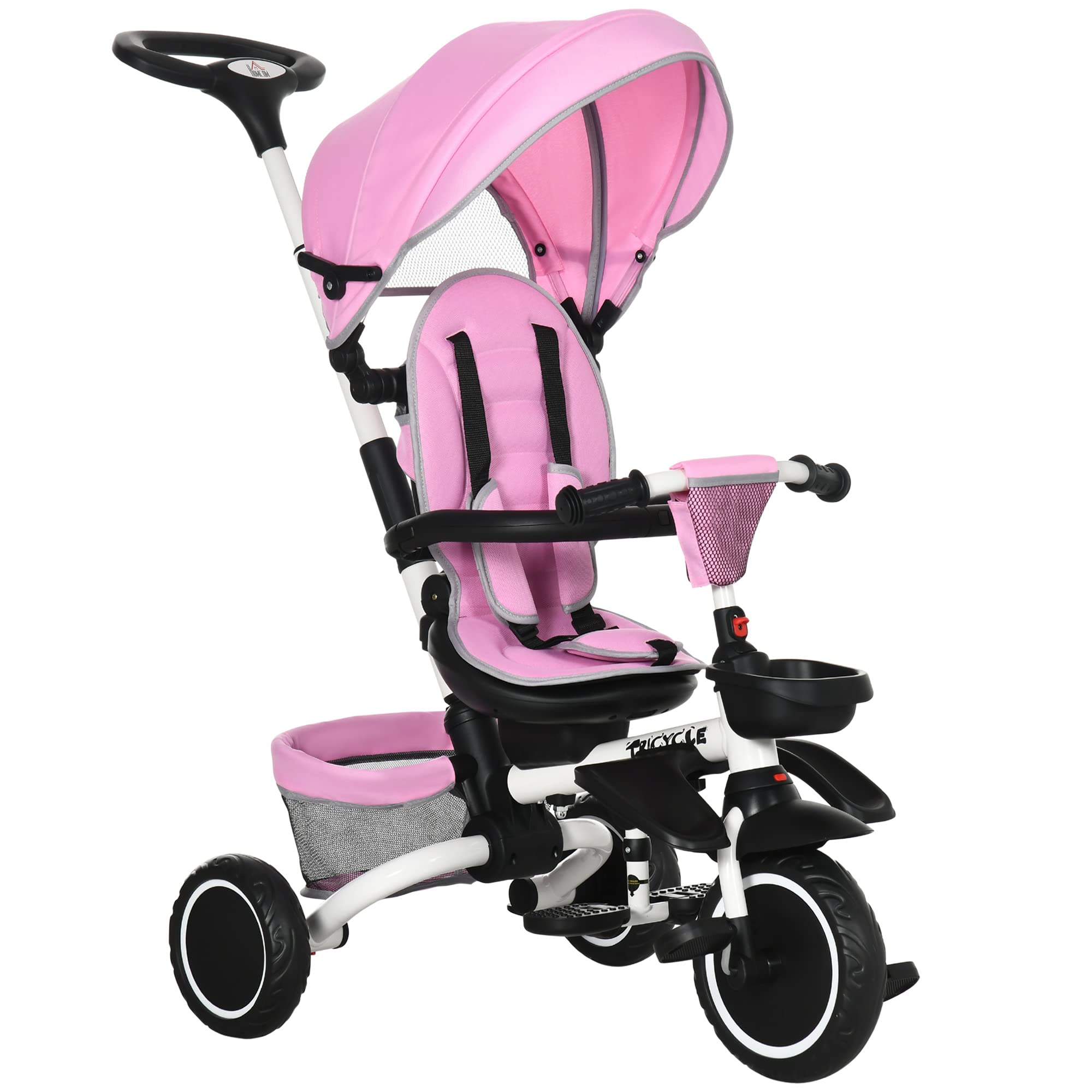HOMCOM 6 in 1 Kids Trike with Parent Handle Foldable Toddler Push Along Trike Tricycle w/Reversible Seat Removable Canopy Handrail Storage Footrest for 1-4 Years Pink