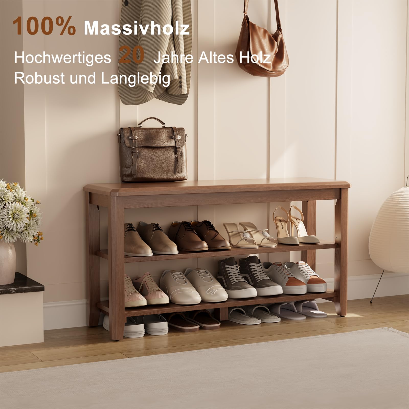 KASLANDI Schuhbank Holz, Schuhregal mit 2 Ebenen, Verstellbare Ablage, Schma und Platzsparend für Flur, Eingangsbereich, Wohnzimmer, Schlafzimmer,100 x 30 x 52 cm (Walnuss)