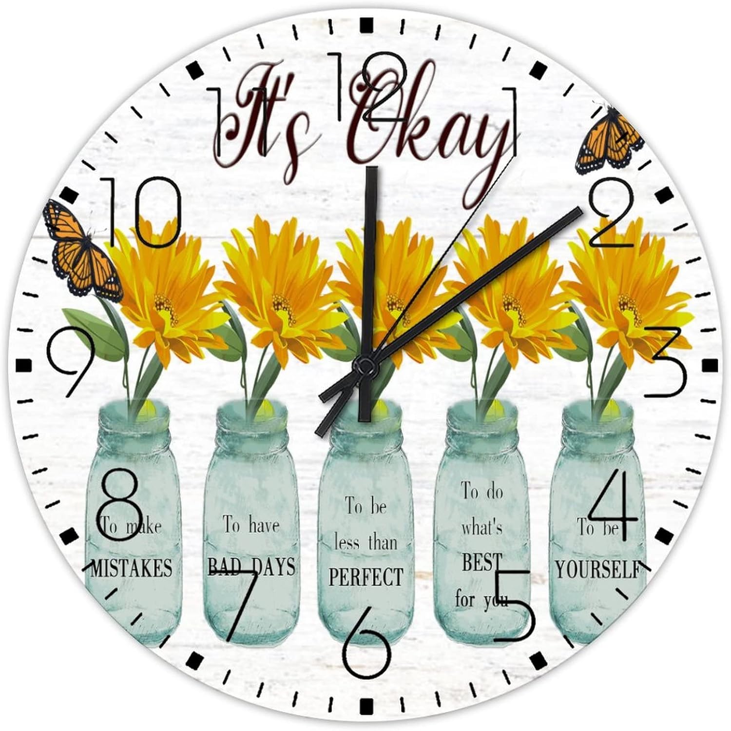 Wooden Wall Clock Non Ticking Sunflower It's Okay to Make Mistakes Butterfly Personalized Wall Clocks Colorful Artwork Animal Painting Wooden Wall Decor for Yoga Room Cafe Shop Conference Room 15"