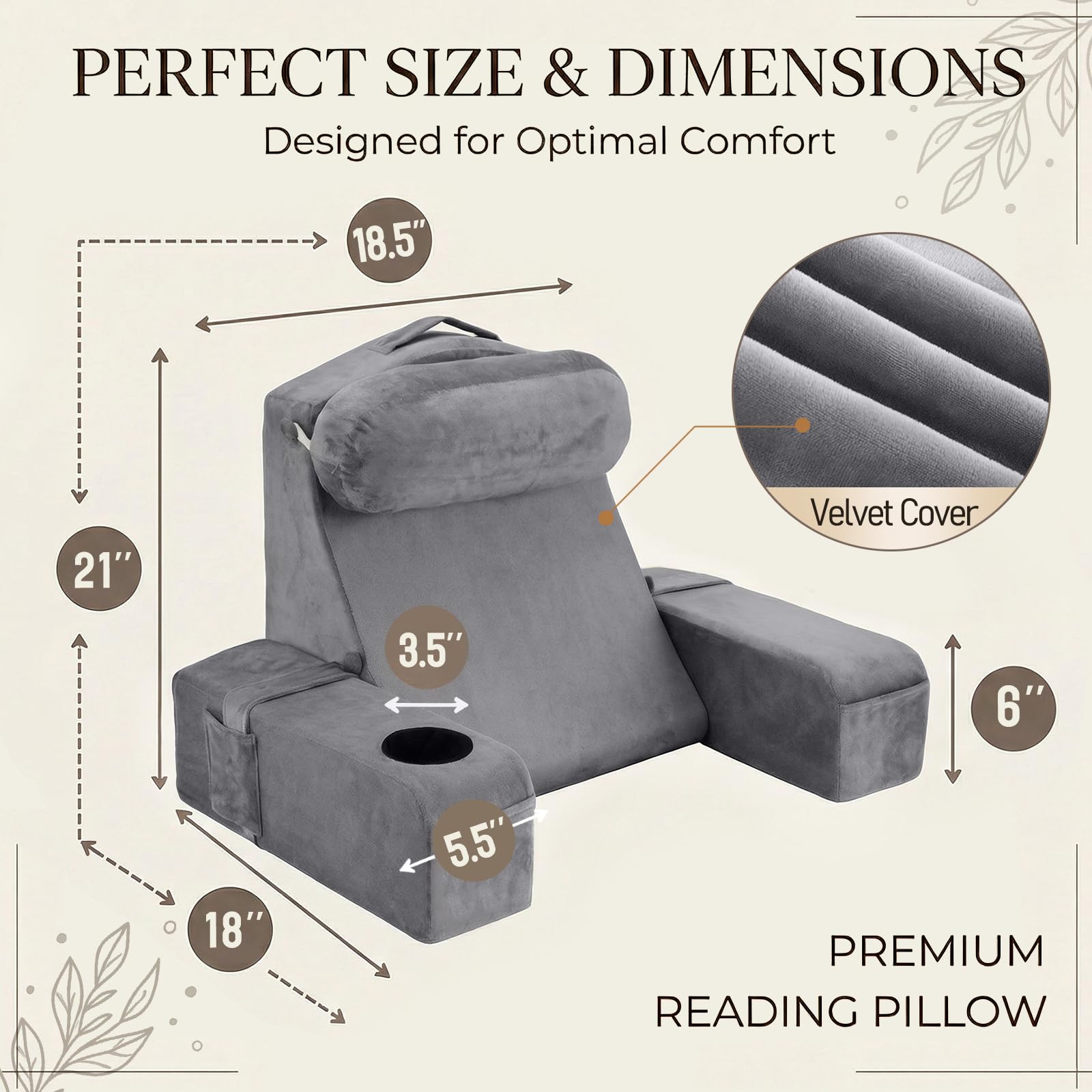 Lesekissen für Erwachsene - Rückenkissen fürs Bett mit abnehmbaren Armlehnen, Getränkehalter & Handyablage - Kissenrückenlehne für bequemes Sitzen im Bett (GRAU, 53 cm)