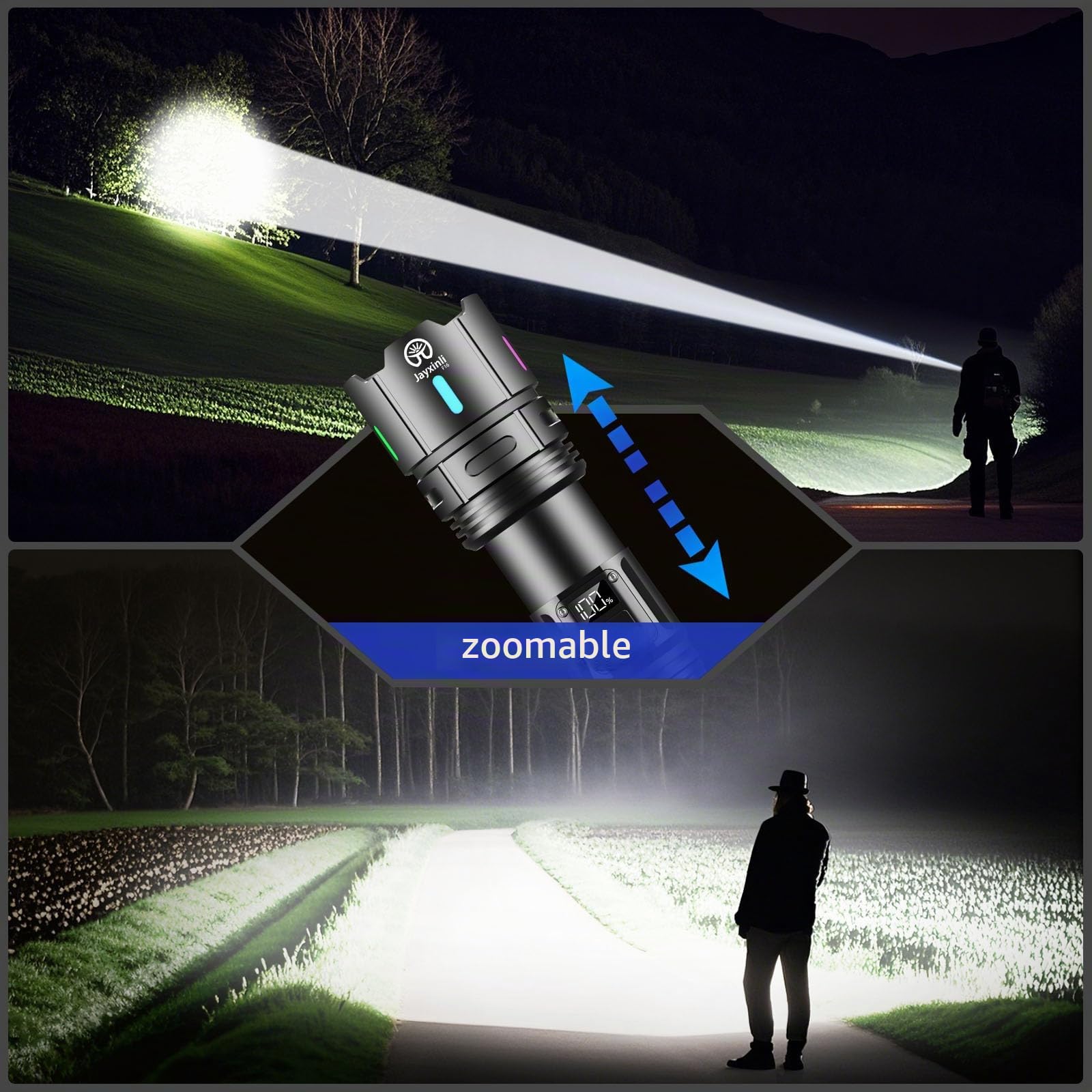 Jayxinli Lampe Torche LED Ultra Puissante 1000000 Lumens - Rechargeable avec Batterie 5000mAh Affichage LCD De La Puissance, 5 Modes, Zoomable, IP67 Étanche pour Camping, Ventures en Plein Air
