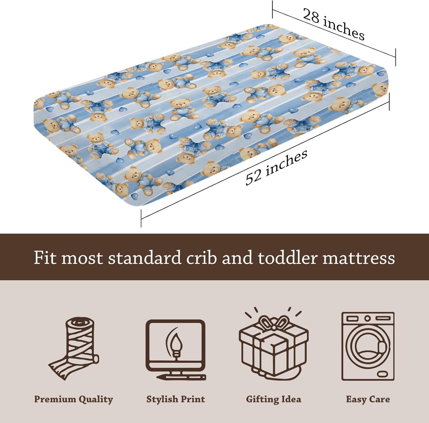 Cute Cartoon Bears Heats Stripes Pattern Baby Sheets for Crib, Unisex Bear Nursery Fitted Bed Sheet for Boys Girls Standard Crib and Toddler Mattress-28x52