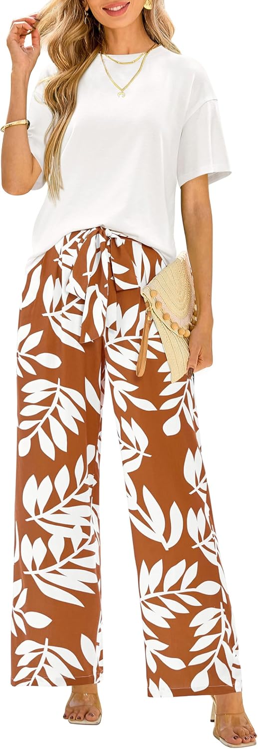 PrettyGarden women summer outfit: knit top, floral belt wide-leg.