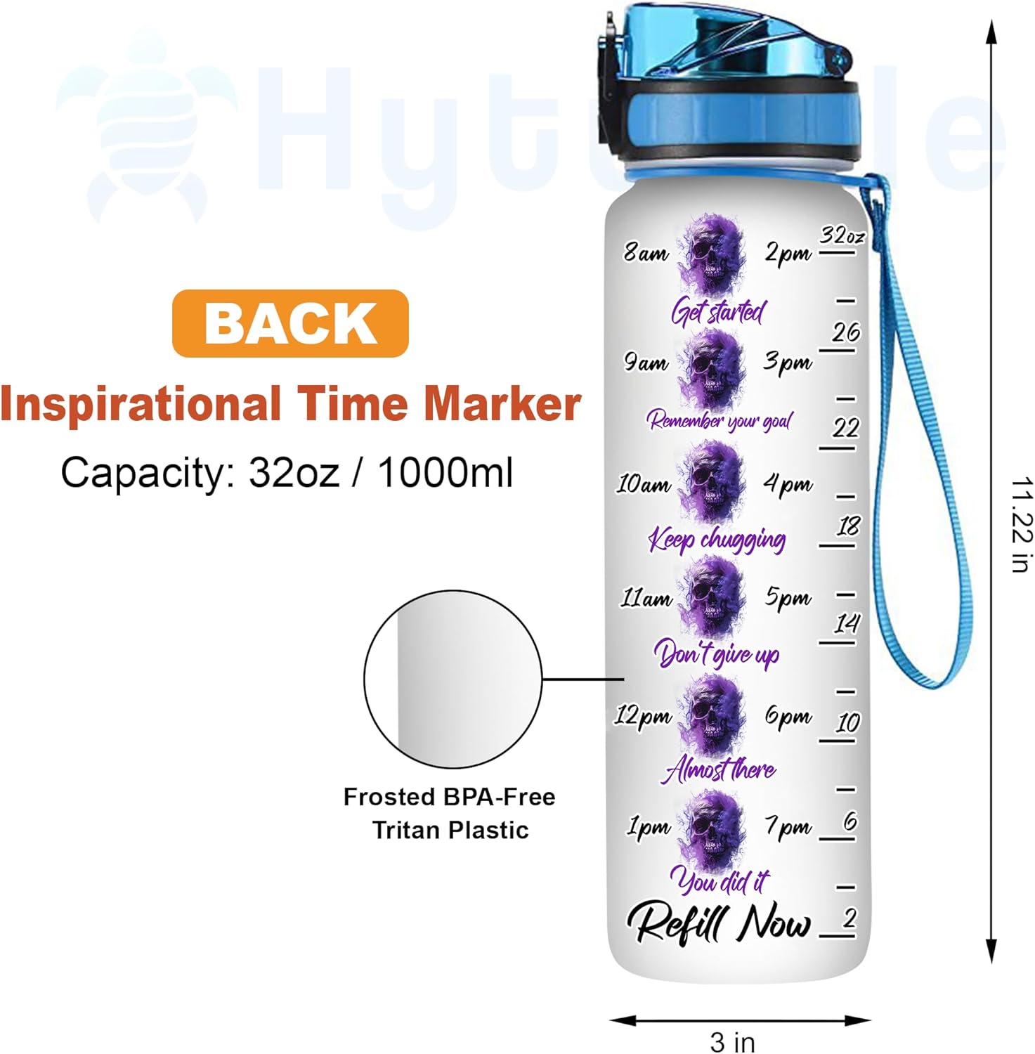 Hyturtle Personalized Skull Girl With Tattoo Pretty Eyes 32Oz Liter Motivational Water Bottle, Customized Name With Time Marker Gifts For Women Sunflower Lover Skull Tattoos On Mother's Day Birthday