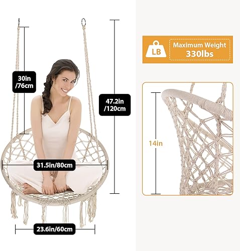 Miniatura 6 de Garpans Juego de 2 sillas tipo hamaca de macramé estilo bohemio con borlas, columpio colgante hecho a mano, cuerda de algodón tejida a mano para