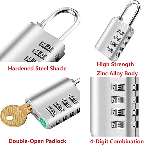 Miniatura 2 de Paquete de 2 candados combinados, candado reiniciable de 4 dígitos con llaves, cerradura combinada para escuela, casillero de gimnasio, casillero de
