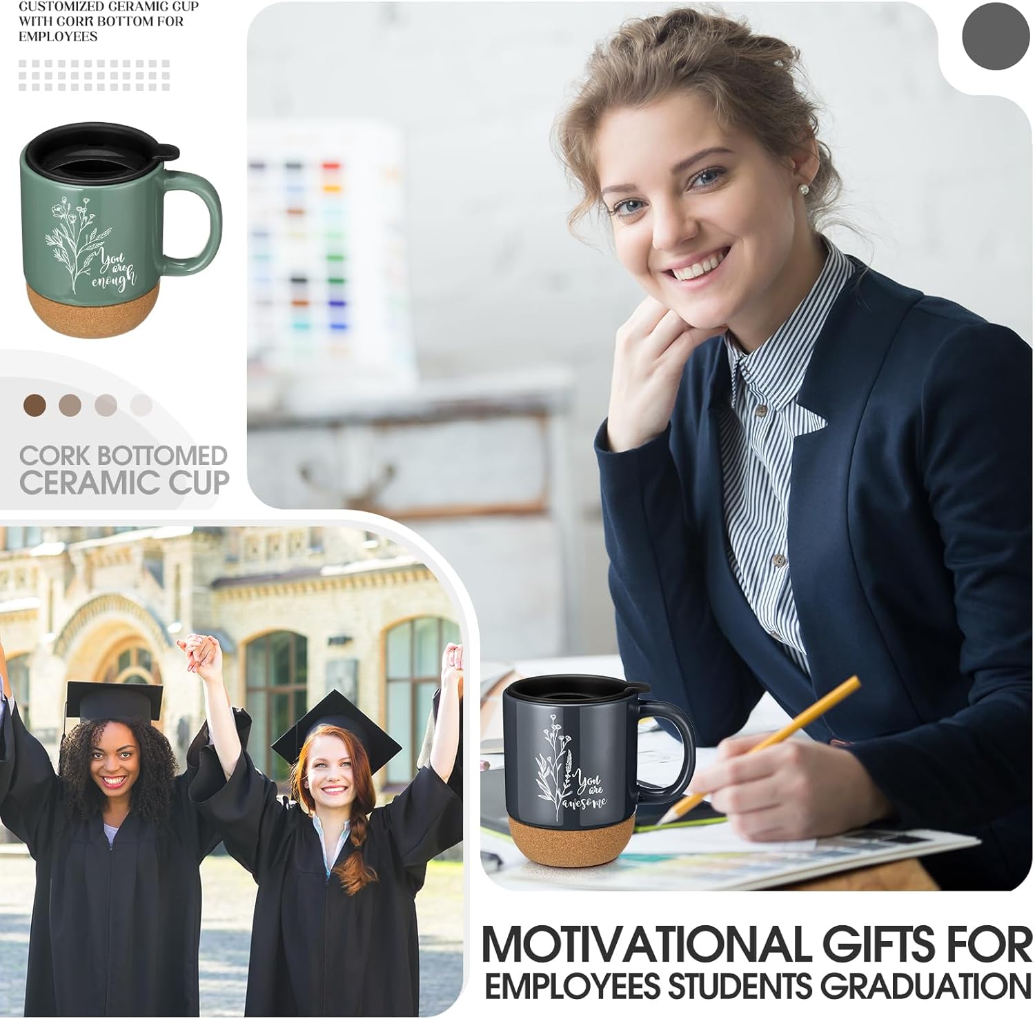 Geiserailie 10 Pcs Appreciation Gifts for Employee Bulk 13.5 oz Ceramic Coffee Mug with Lid Cork Bottom Inspirational Thank You Gift for Teacher Staff Coworker Volunteer Nurse(You Are) - Image 5