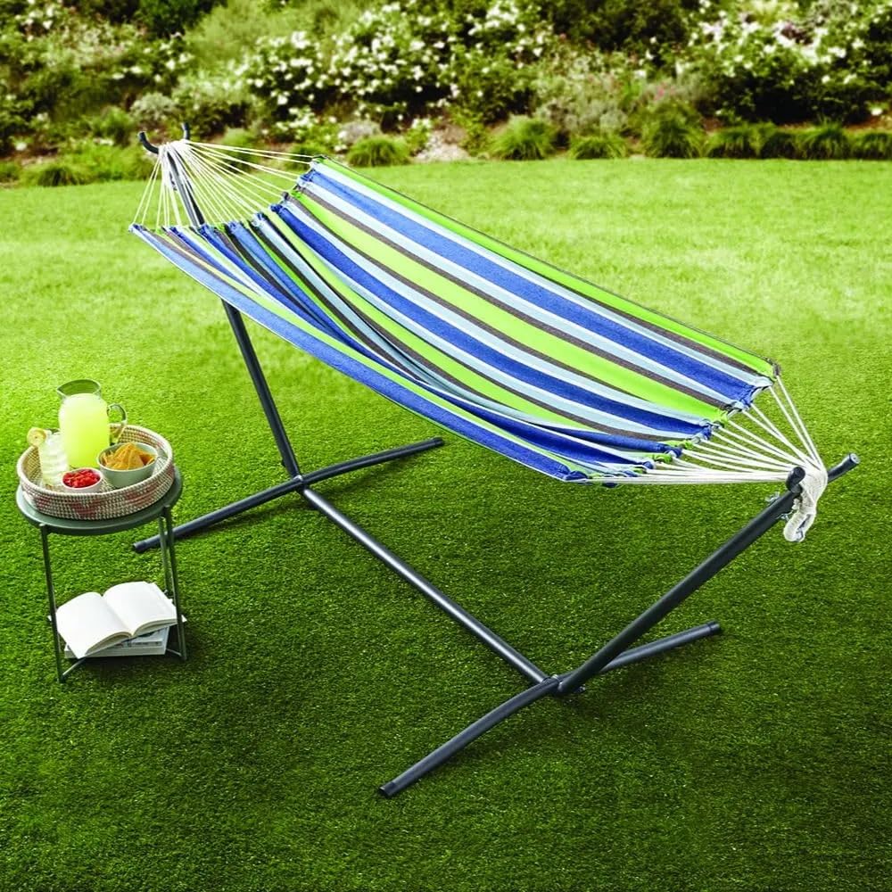 Hamacas Camping Hamac de Jardin Hamaca a Rayas Azules con Soporte de Metal, Estuche portátil(Red Striped)