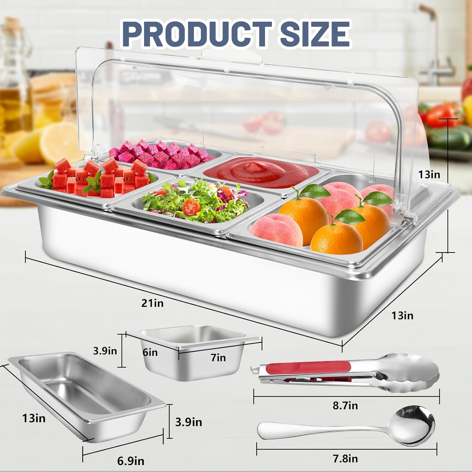 countertop ice food serving display tray with 5 pan, salad bar buffet station for home, cold food buffet server, pizza topping station, cold buffet table serving station for party