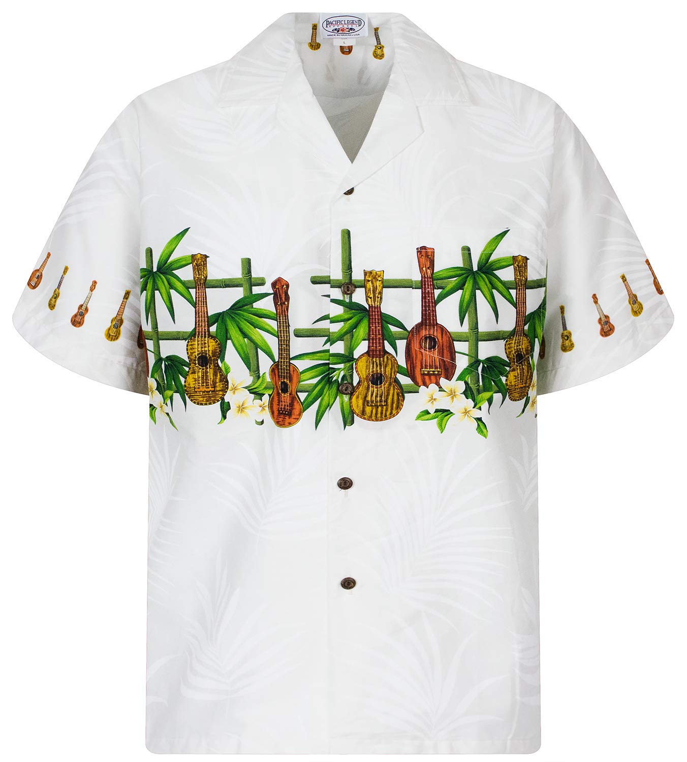 P.L.A. | Original Camicia Hawaiana | Signori | S - 4XL | Maniche Corte | Tasca Frontale | Hawaii Stampa | Palme | Pappagallo | Bianco