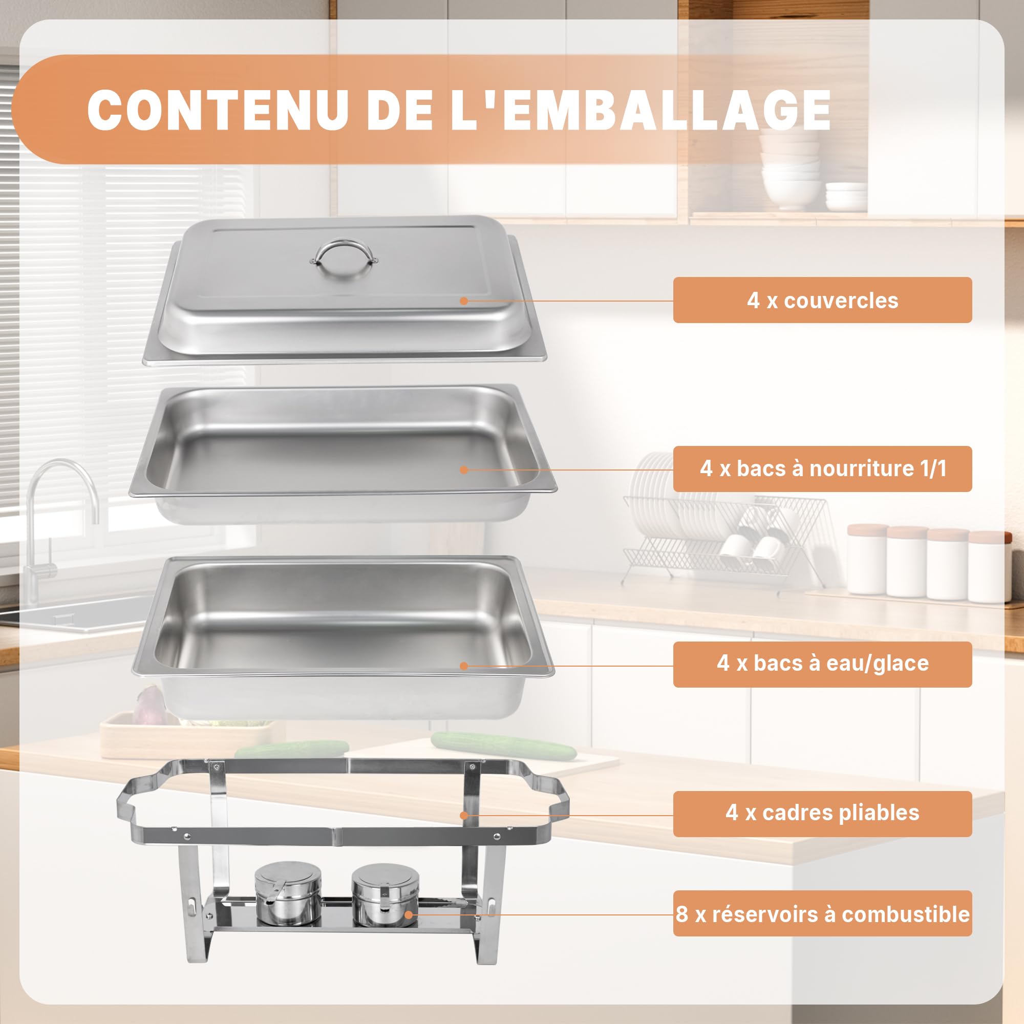 Hakka Lot de 4 Chafing Dish Rectangulaire Buffets Chauffants 9,5L chauffe-plats professionnel avec 4 bacs, chauffe-plats en acier inoxydable avec couvercle, réservoir à combustible, cadre pliable, pou