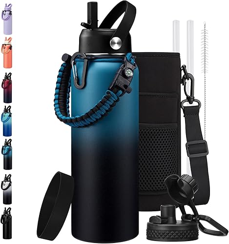 BENZZO Botella de agua aislada de 40 onzas Mantiene el frío 48 horas y caliente 24 horas, botella de agua de metal con popote y tapa de boquilla
