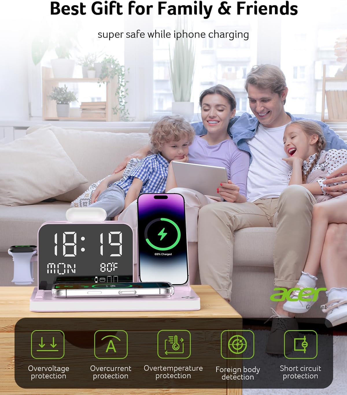 Acer 7-in-1 Wireless Charging Station with LED Clock - 30W Fast Wireless Charger for iPhone 16/15/14/13/12/Pro Max, Apple Watch, AirPods - Bluetooth Auto Time Sync & Night Lights (Purple) 10 71l7VbrR0bL. AC SL1431